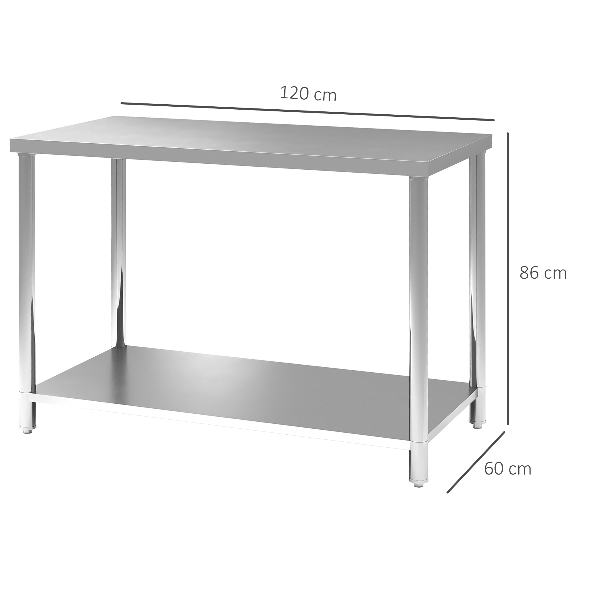 Mesa de acero inoxidable con dos estantes, de 120x60x86 cm, sobre fondo blanco.