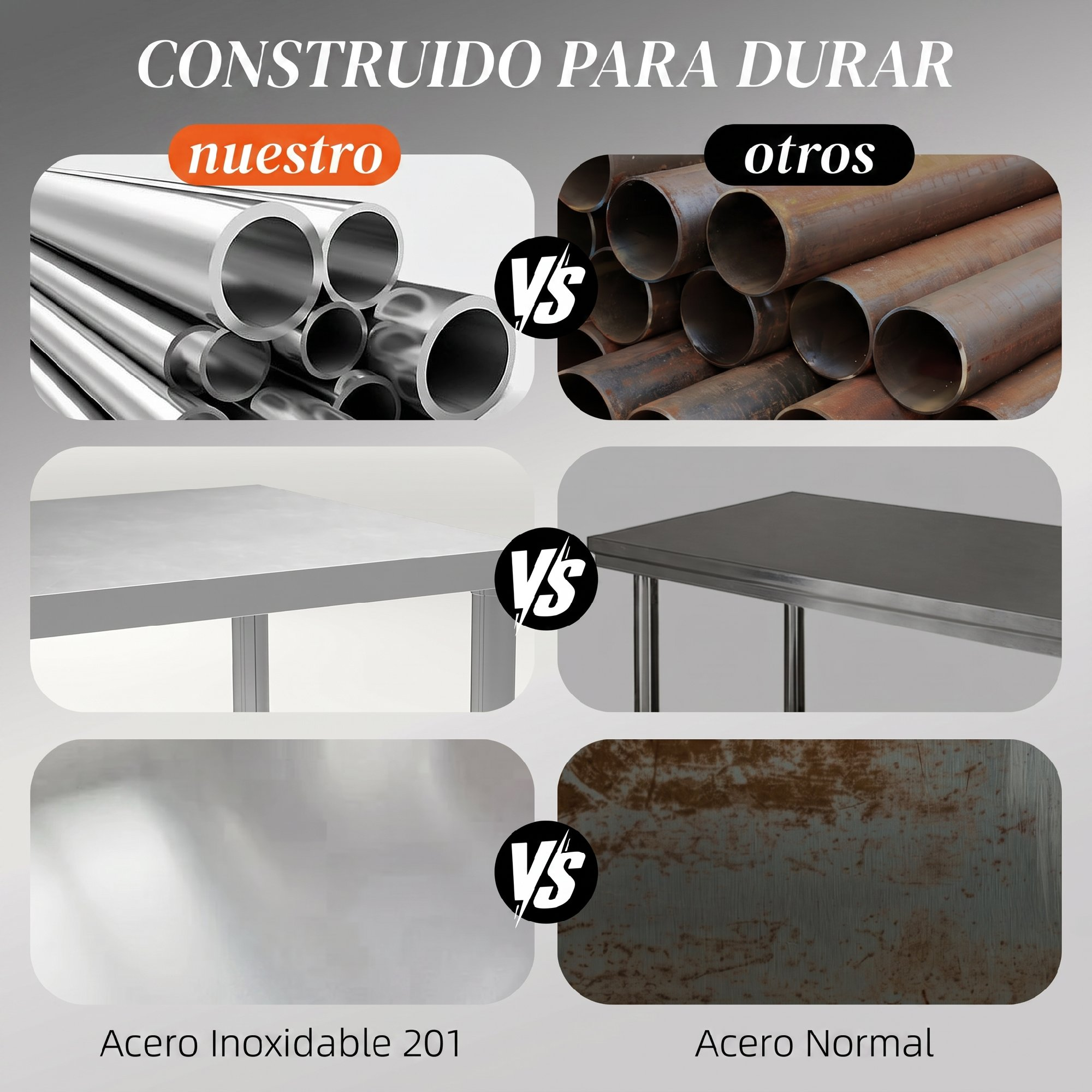 Comparación de acero inoxidable frente a acero normal, mostrando tubos y mesas limpias frente a oxidadas.