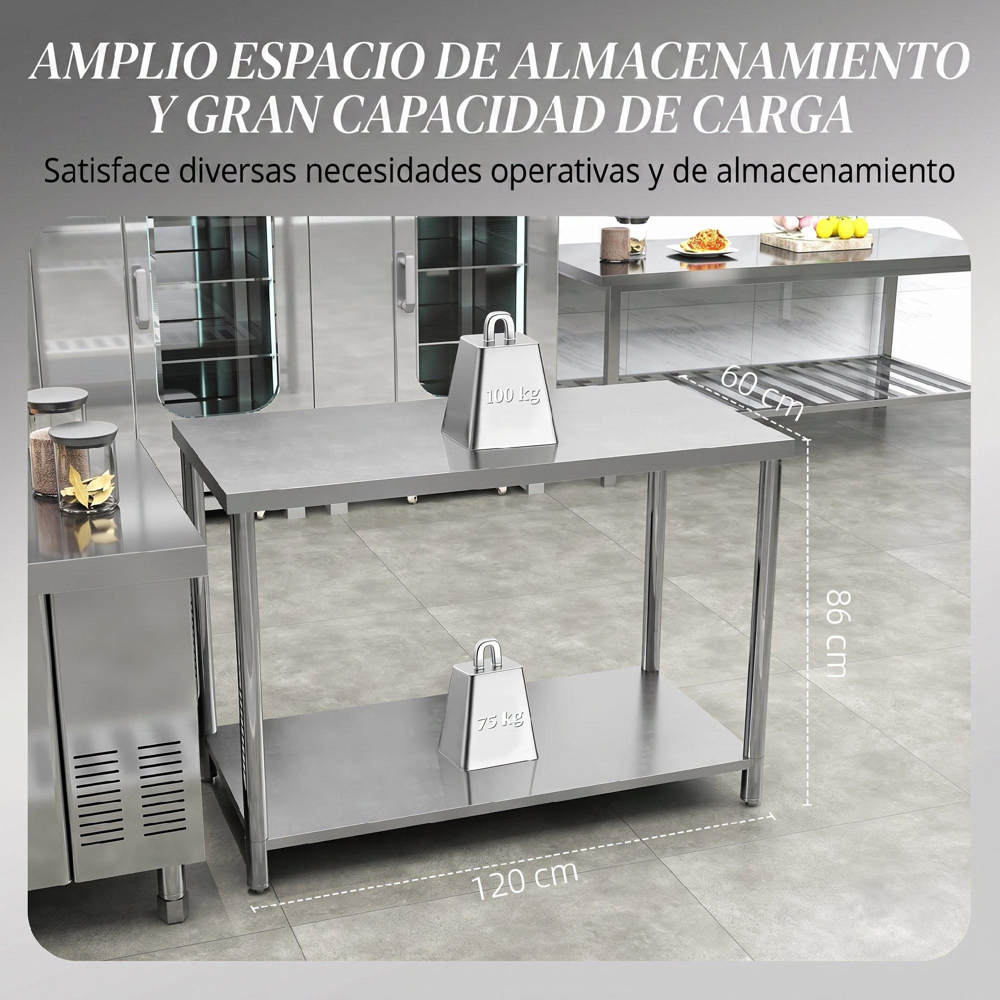 Mesa de trabajo de cocina de acero inoxidable con dos niveles, capacidades de 100 kg y 75 kg con etiquetas de dimensiones.