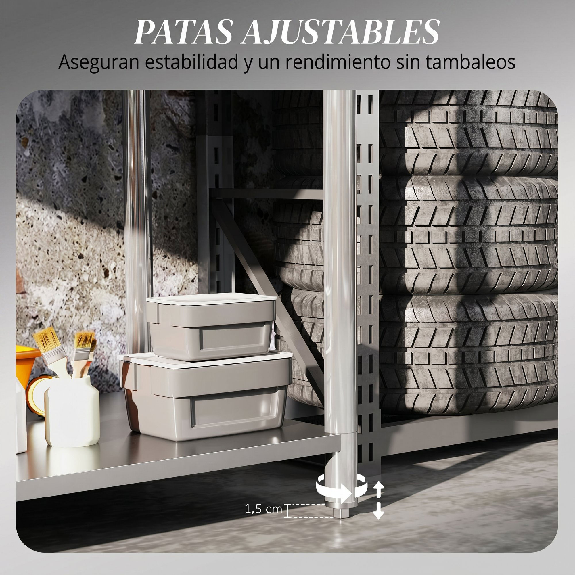 Estantería metálica con patas ajustables que permiten 1,5 cm de altura, neumáticos apilados y cajas.