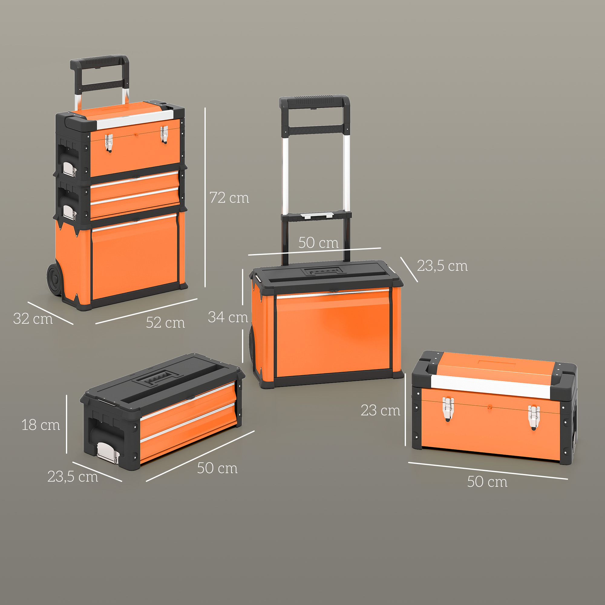 Cuatro cajas de herramientas modulares naranjas y negras con dimensiones en un fondo gris.