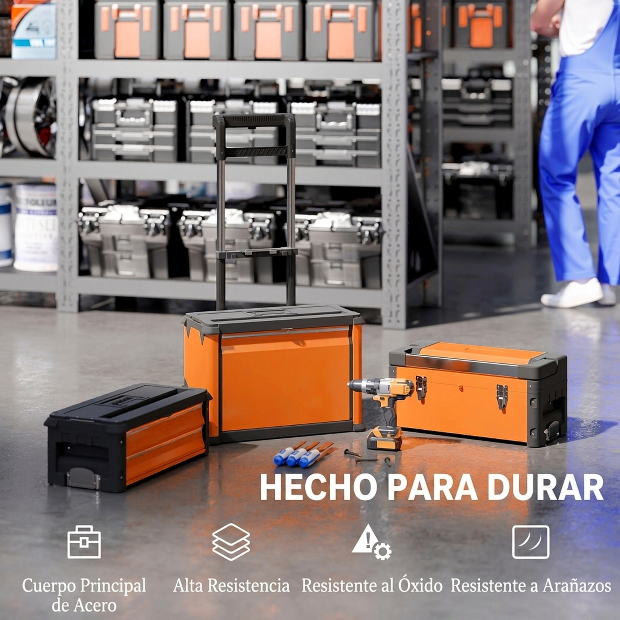 Varias cajas de herramientas naranjas en el suelo de un taller con estanterías metálicas al fondo.