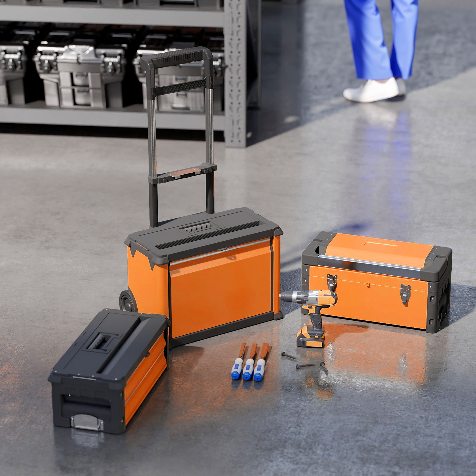 Tres cajas de herramientas naranjas, un taladro inalámbrico, destornilladores y tornillos en el suelo.
