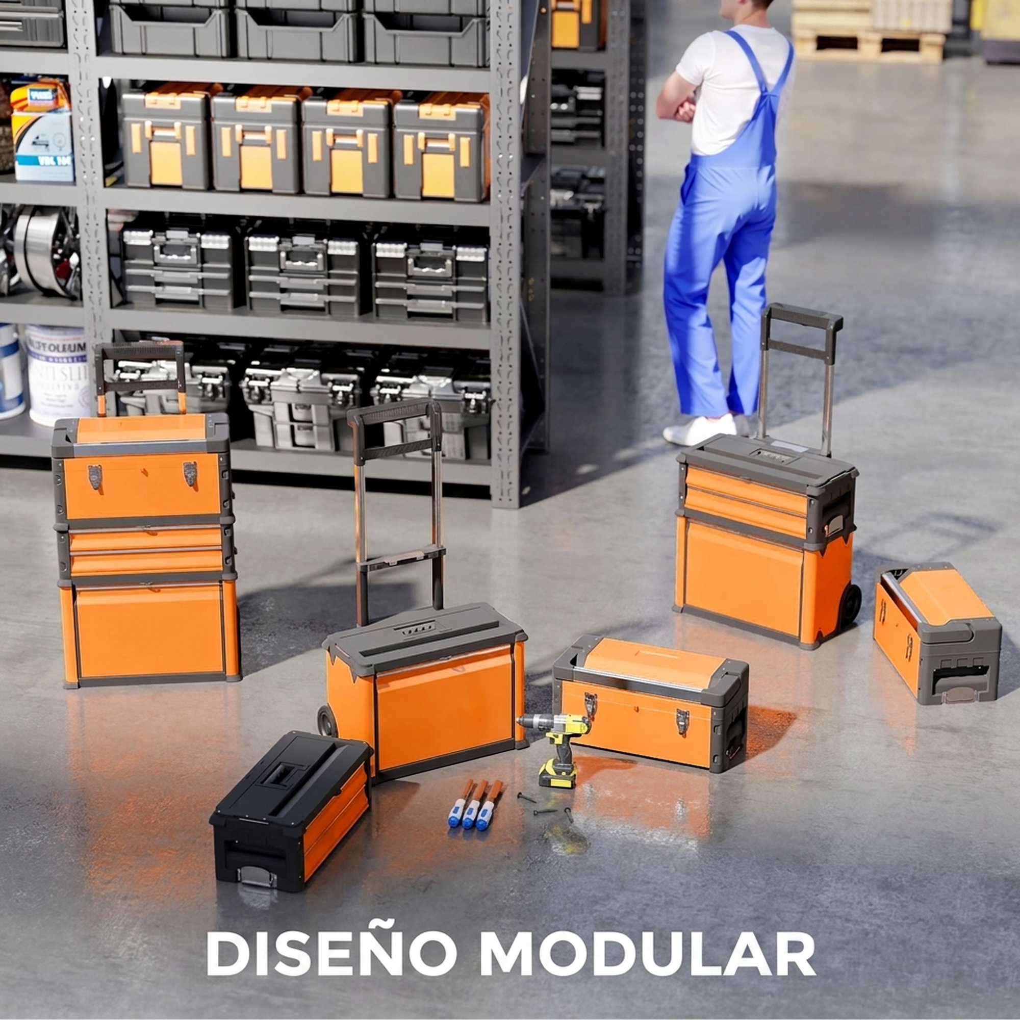 Cajas de herramientas modulares naranjas y negras en un almacén, con estanterías y un trabajador con mono azul.