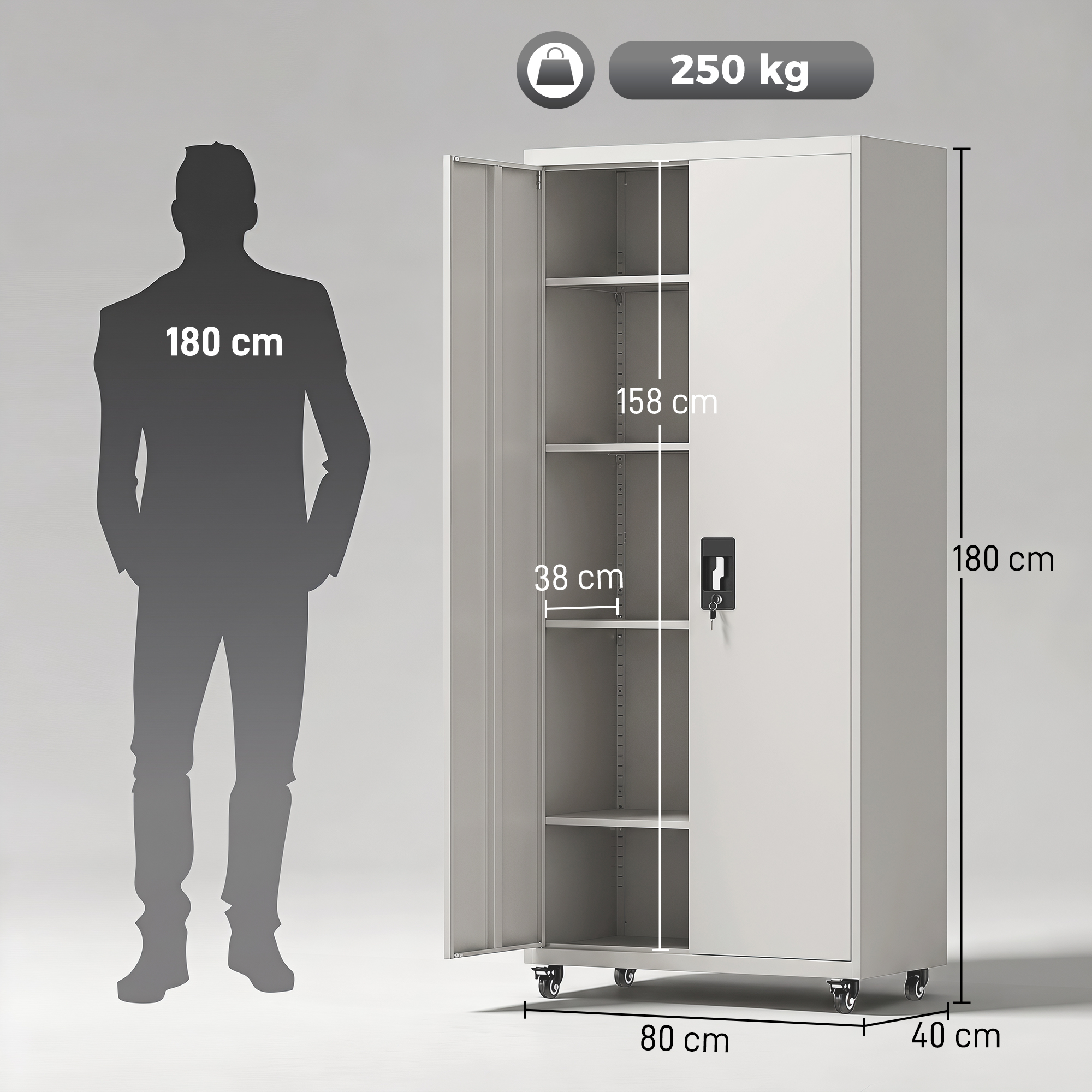 Armario metálico gris con estantes, ruedas y dimensiones, junto a la silueta de un hombre de 180 cm.