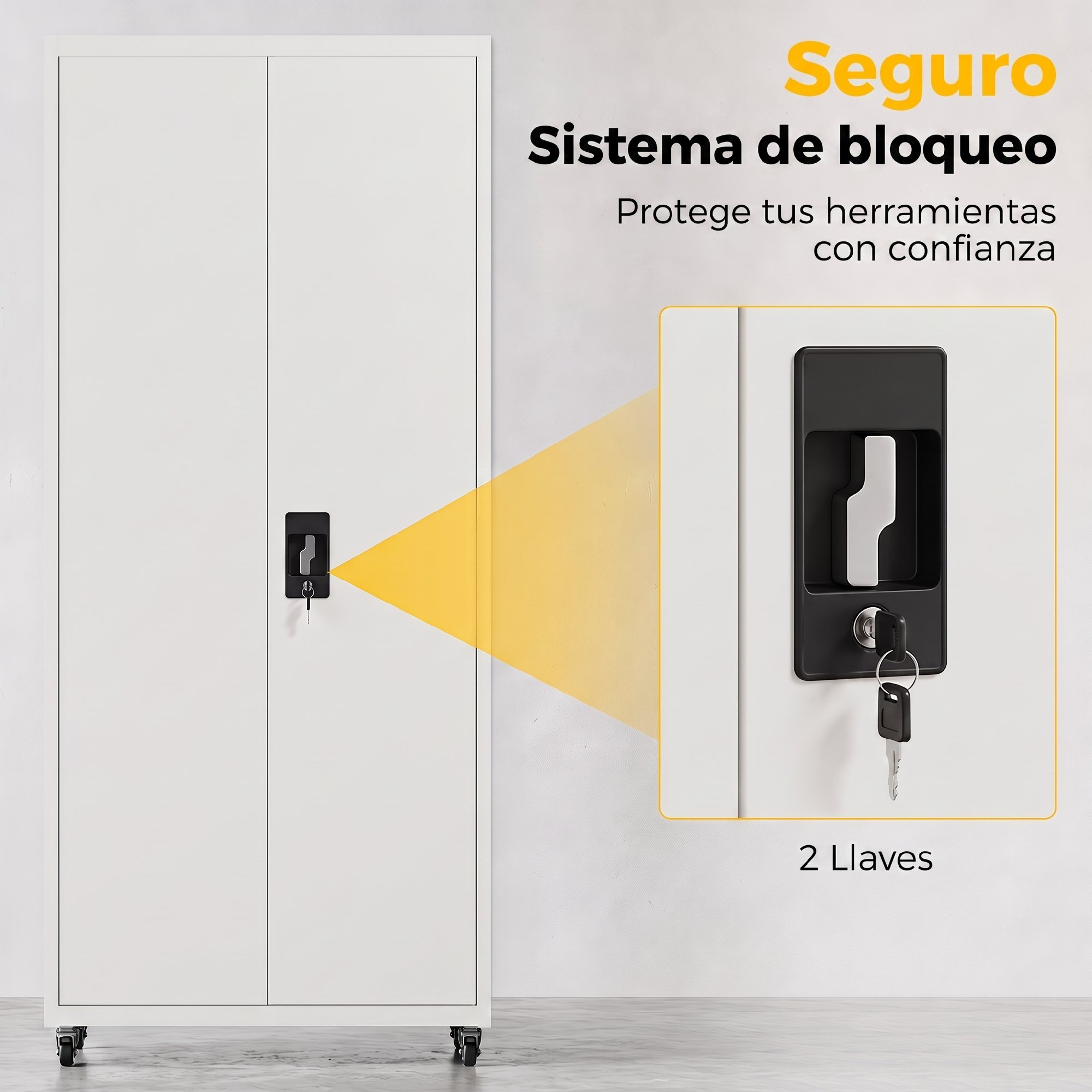 Armario de metal blanco con sistema de cierre negro y dos llaves, con una inserción de primer plano.
