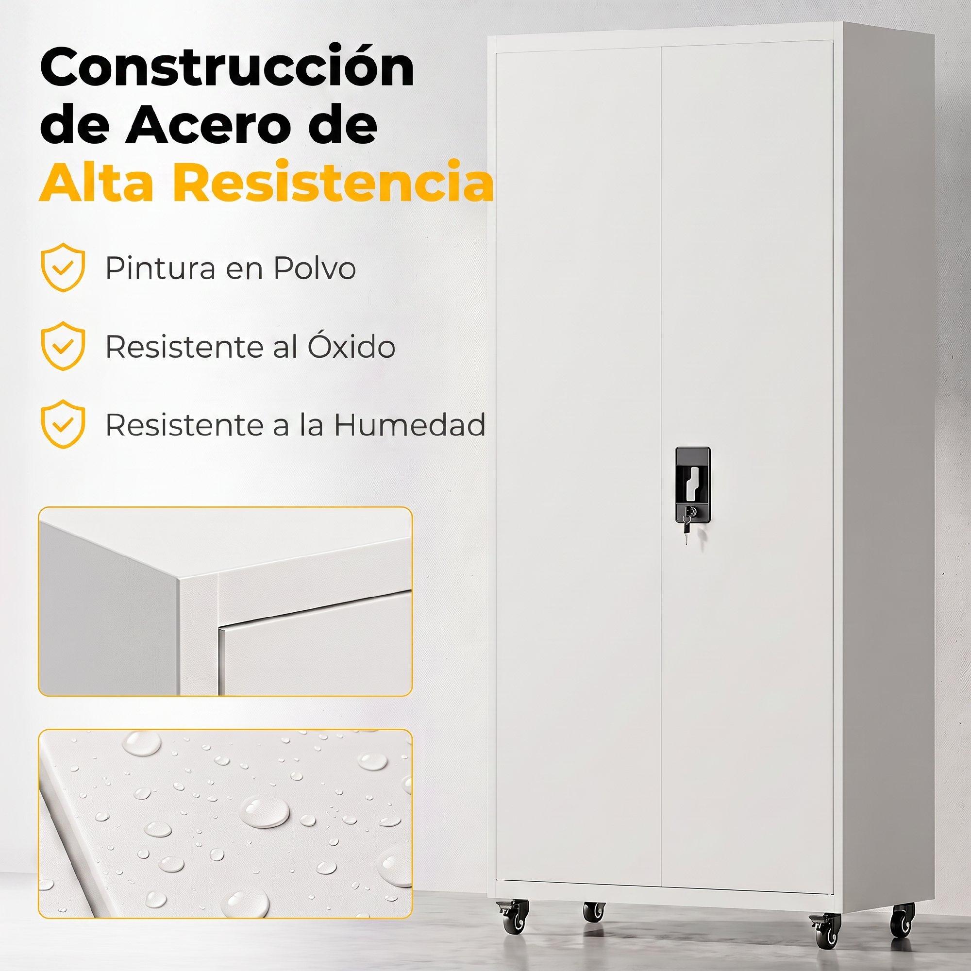 Armario de acero blanco con ruedas, cerradura y características como pintura en polvo y resistencia al óxido.