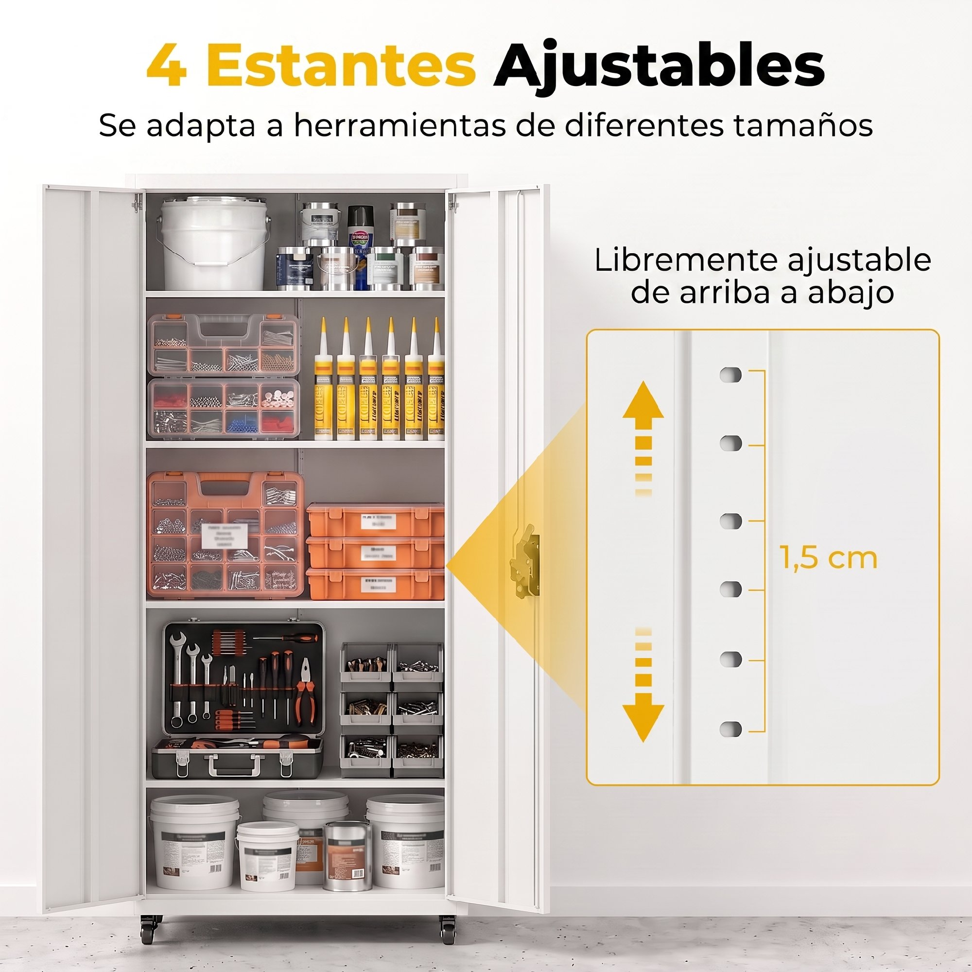 Armario metálico blanco con 4 estantes ajustables, lleno de herramientas, botes y organizadores.