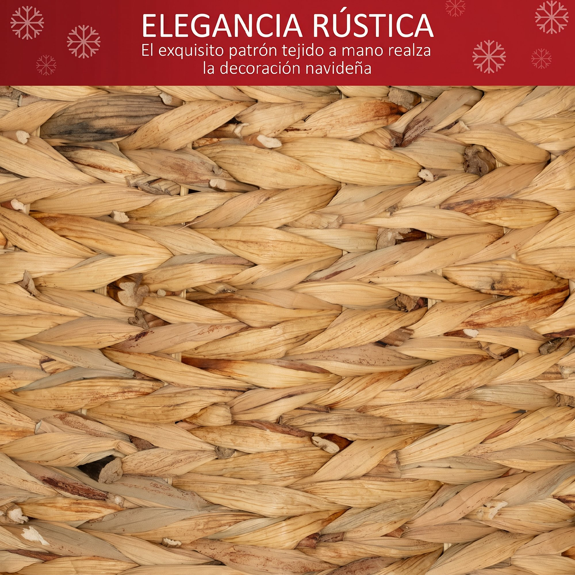 Primer plano de una textura tejida a mano de material natural beis con texto.