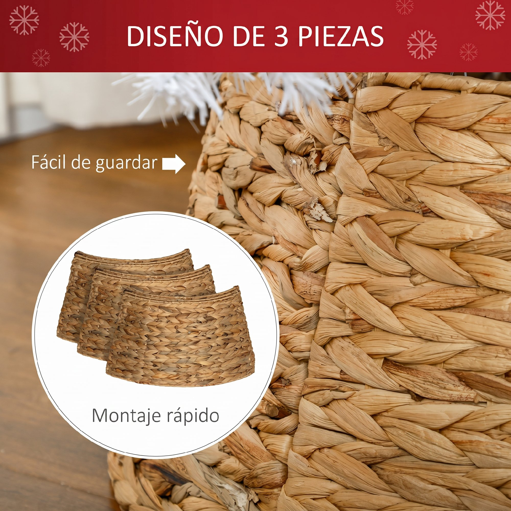 Cesta de mimbre tejida con diseño de 3 piezas, fácil de guardar y montaje rápido.