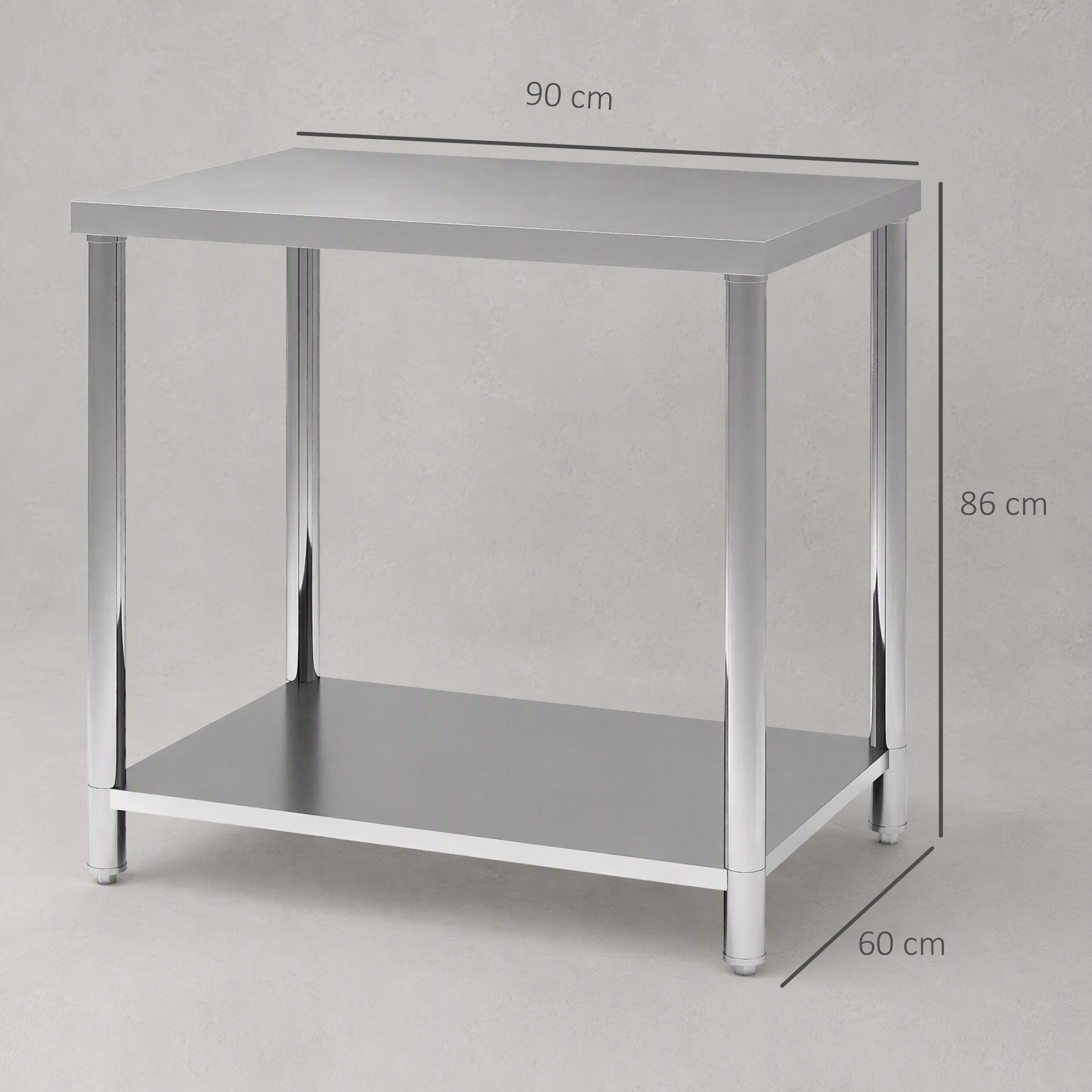 Mesa de acero inoxidable con dos estantes, de 90 cm de ancho, 60 cm de profundidad y 86 cm de alto.