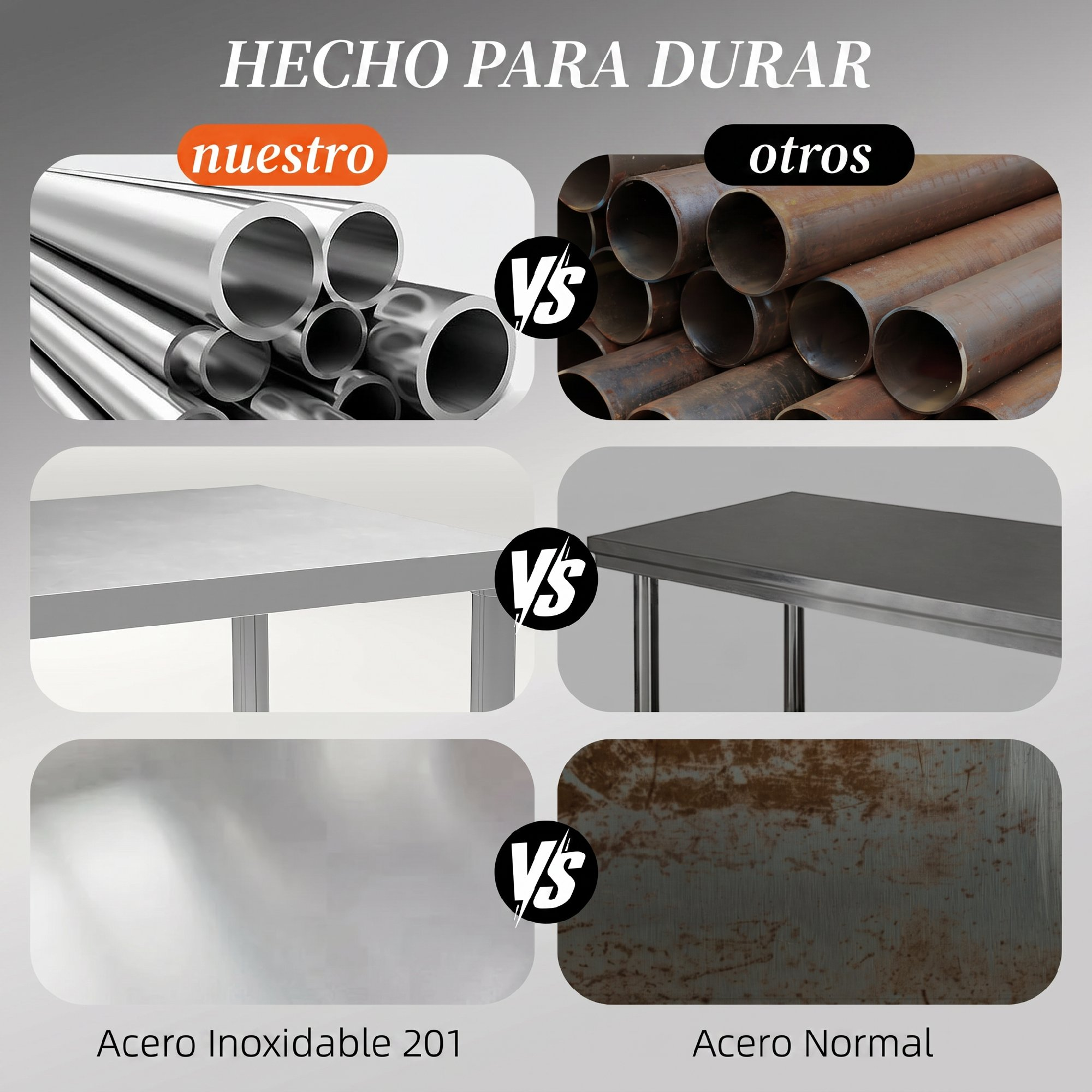 Comparación entre acero inoxidable 201 y acero normal mostrando tubos y mesas.