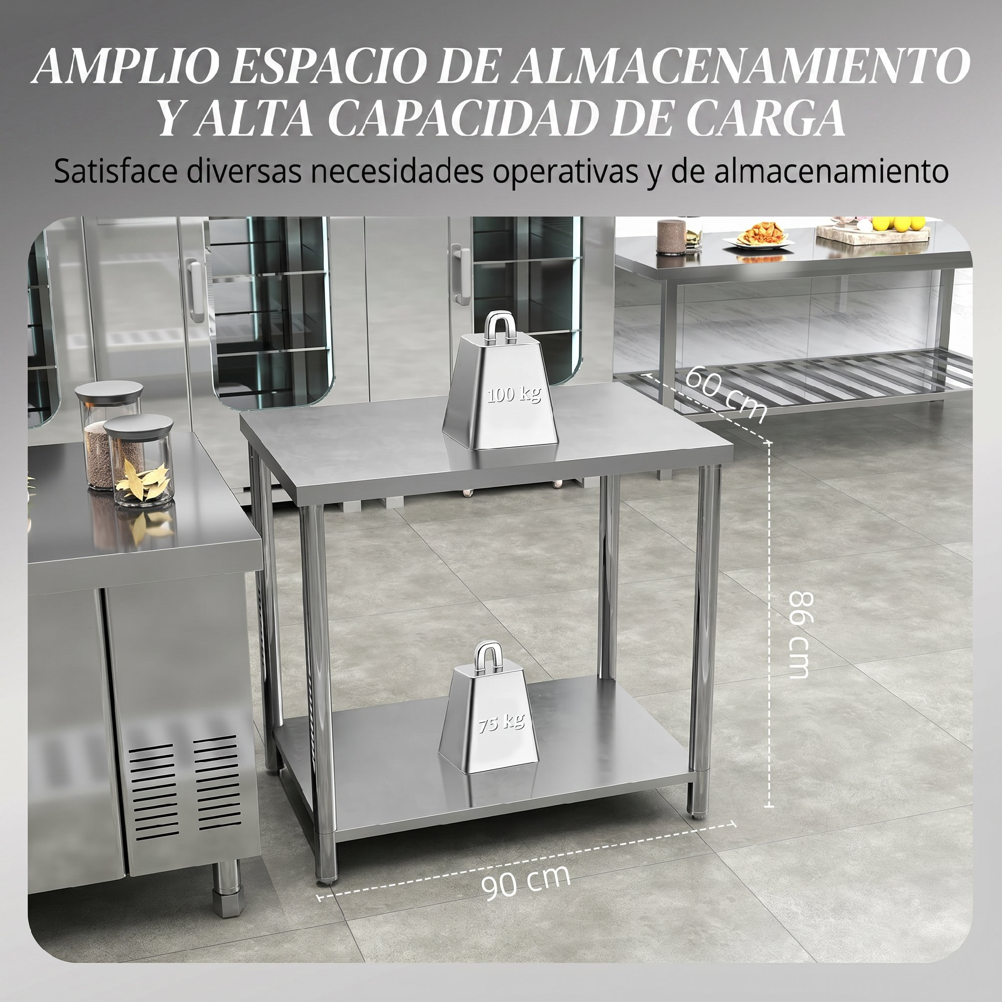 Mesa de acero inoxidable, 90x60x86 cm, con pesas de 100 kg y 75 kg en cocina.