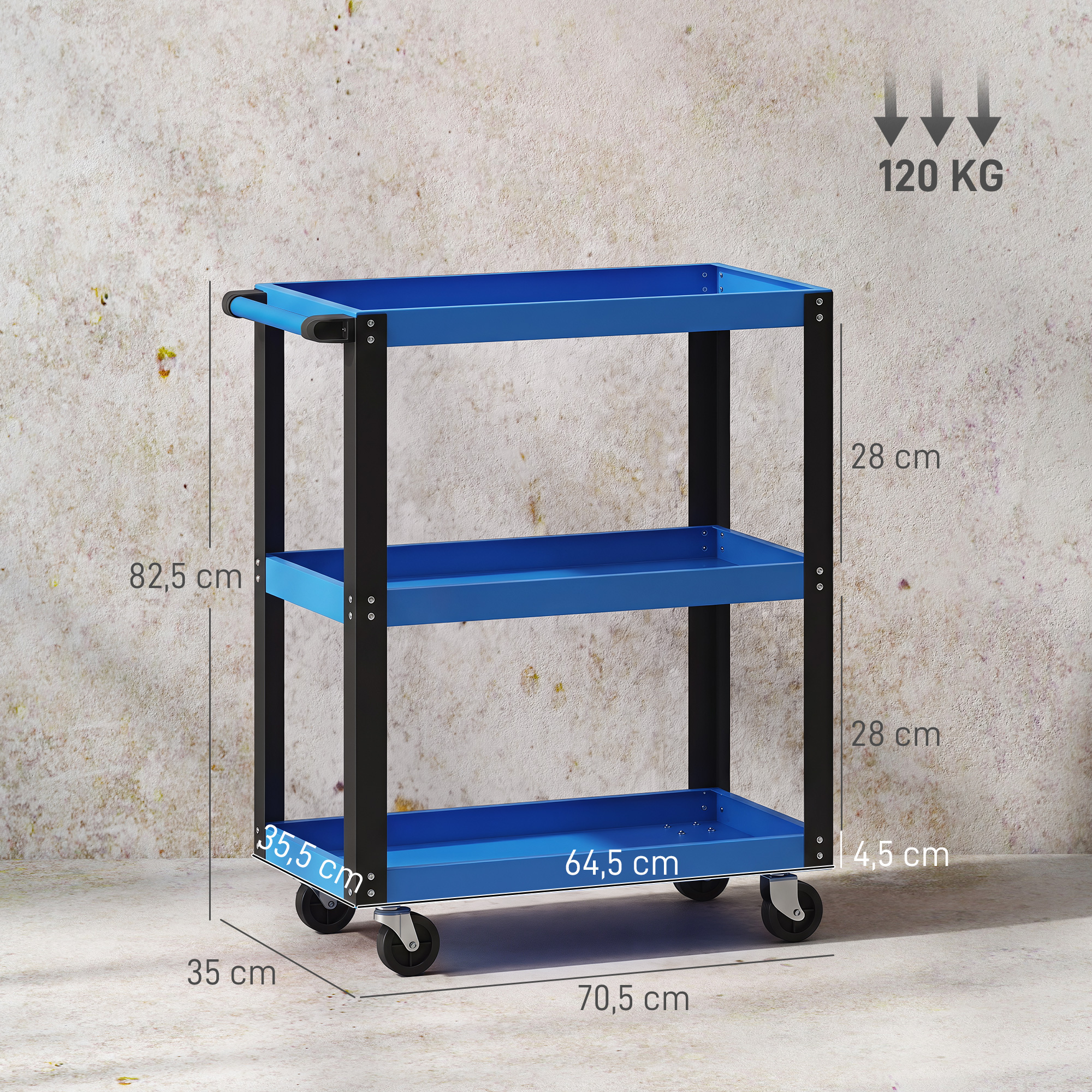 Un carro de servicio azul con tres estantes y patas negras, etiquetado con dimensiones y capacidad de 120 kg.
