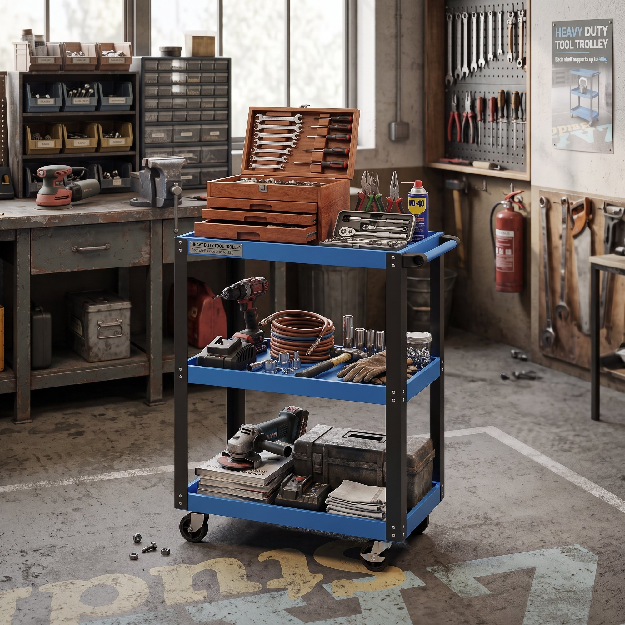 Un carrito de herramientas azul de tres niveles con caja de madera, herramientas y taladro en un taller.