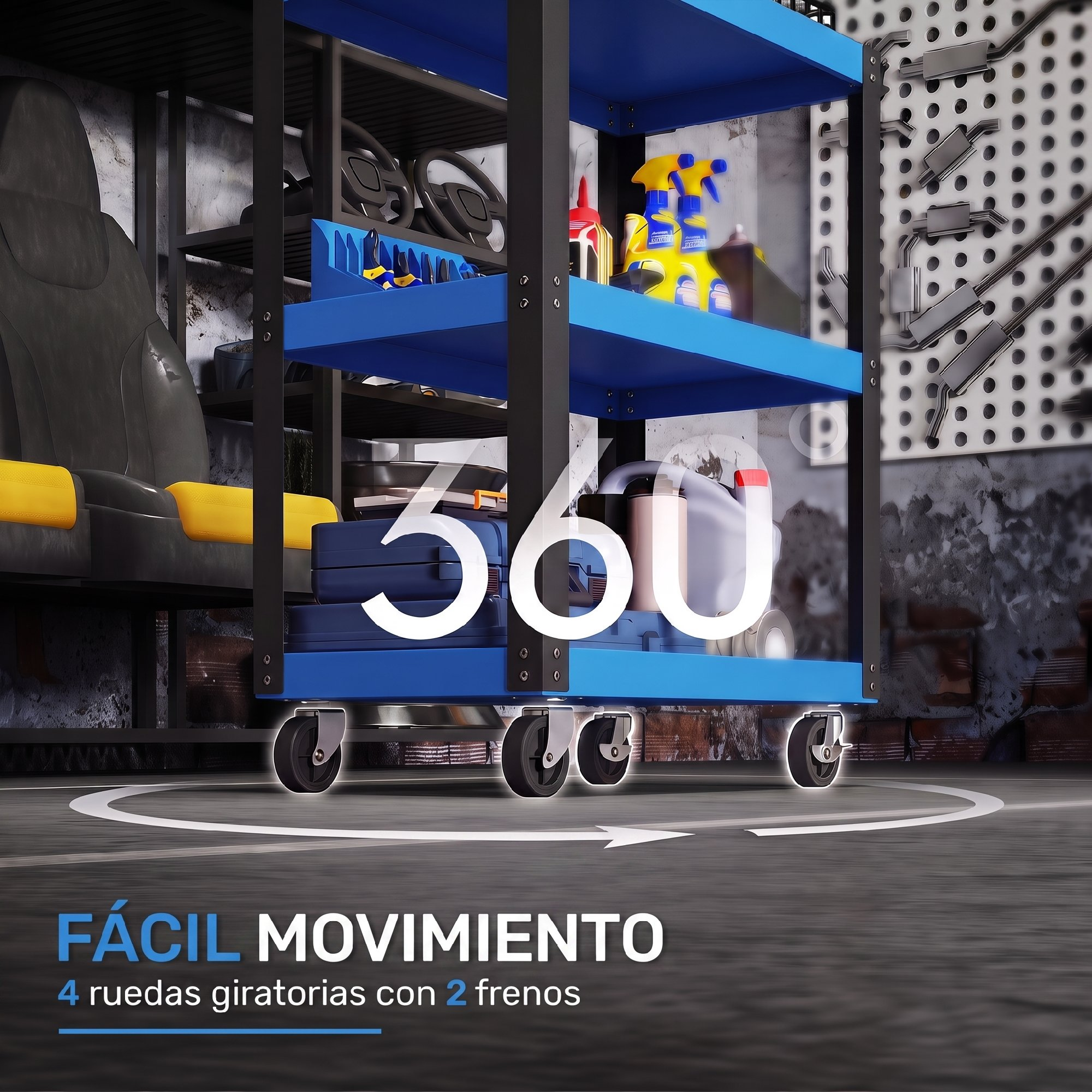Un carro de herramientas azul con cuatro ruedas en un taller con herramientas.