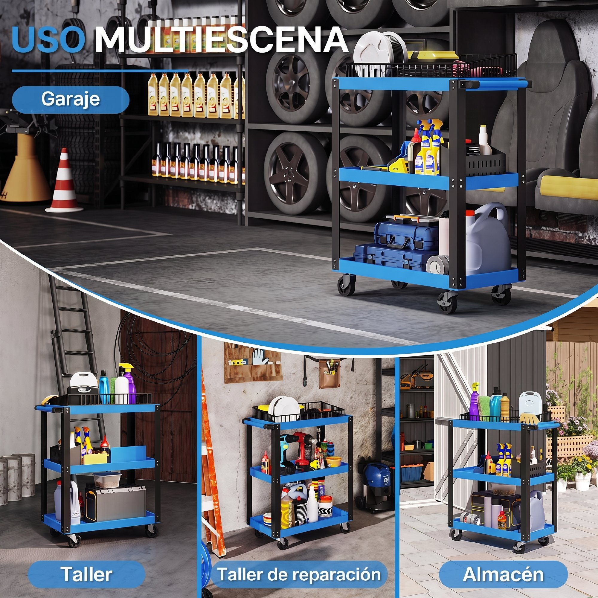 Un carrito de servicio azul de tres niveles en varios escenarios como garaje y taller.