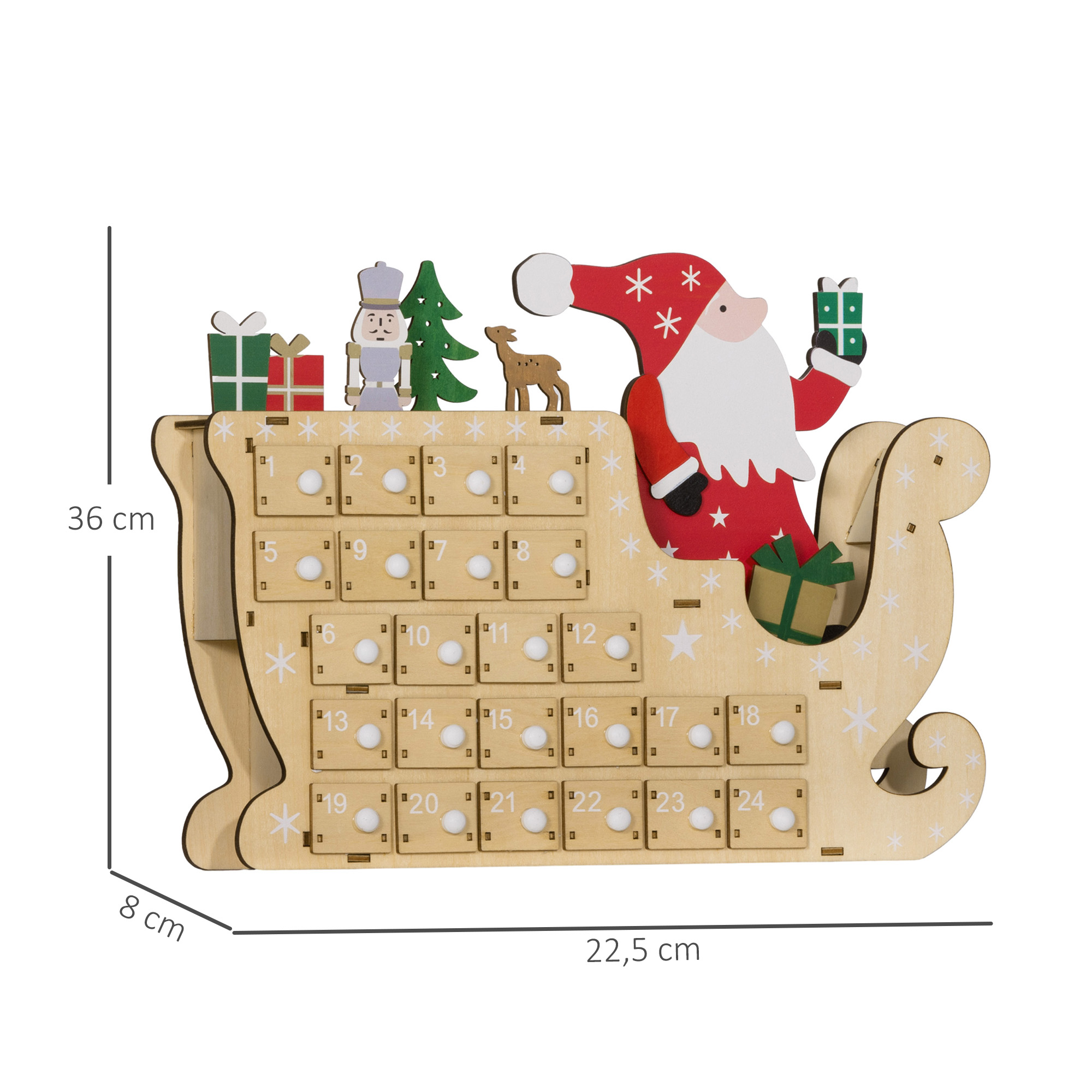 Calendario de adviento de madera en forma de trineo con figuras, regalos y 24 cajones numerados.