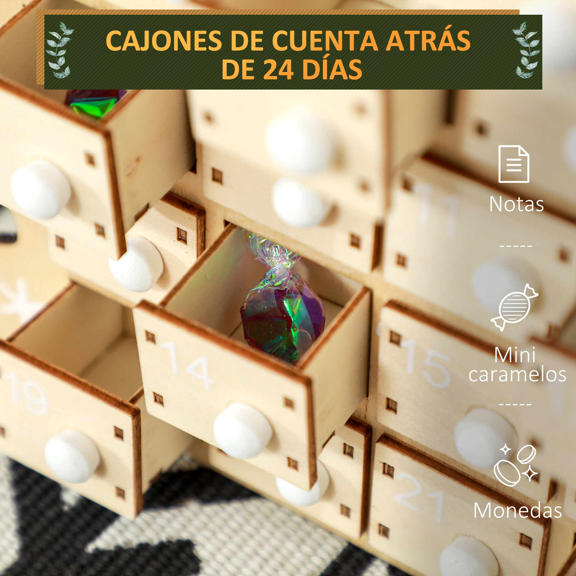 Calendario de adviento de madera con cajones, uno abierto con un caramelo. Texto en la parte superior.