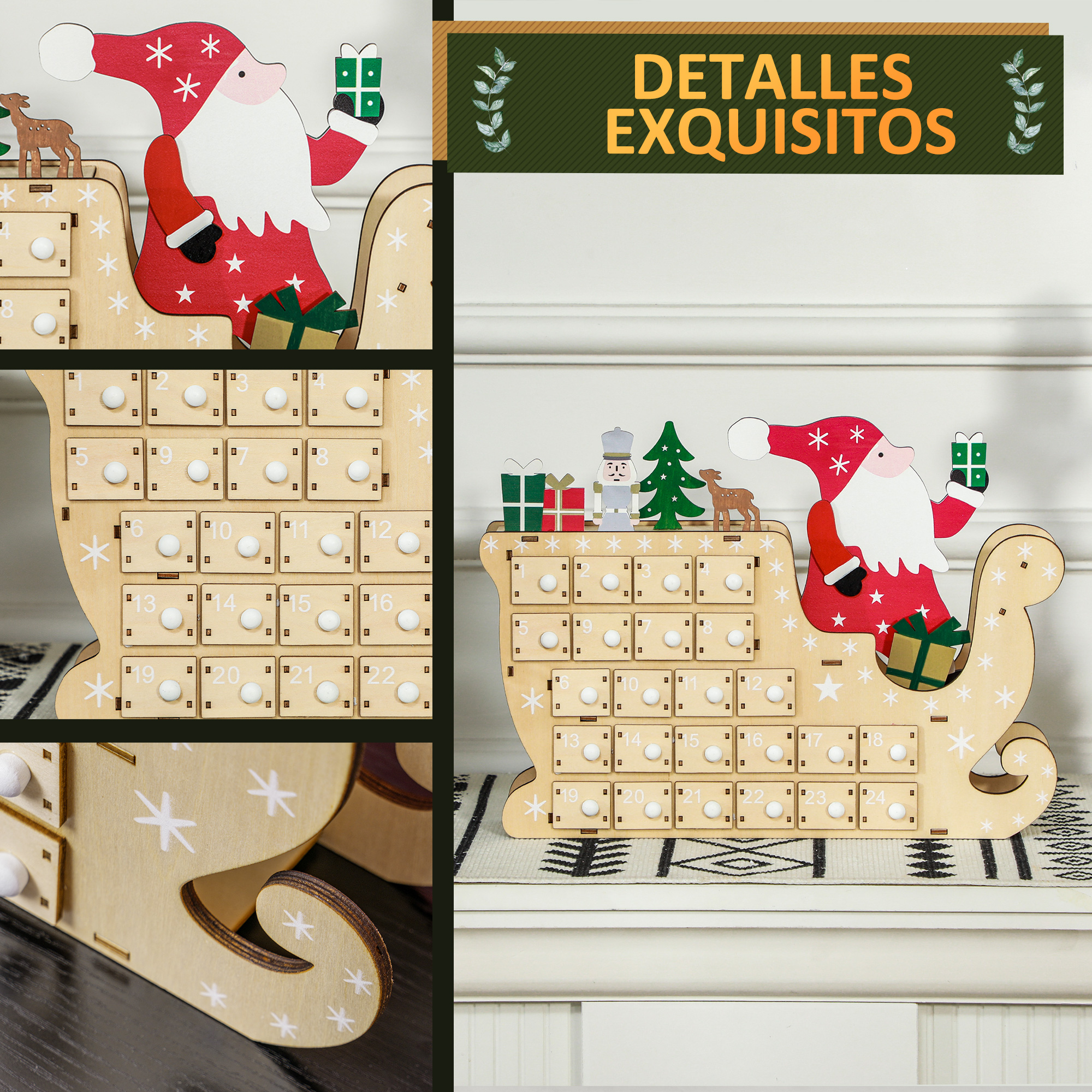 Un calendario de adviento de madera en forma de trineo con cajones numerados, Papá Noel y adornos navideños.