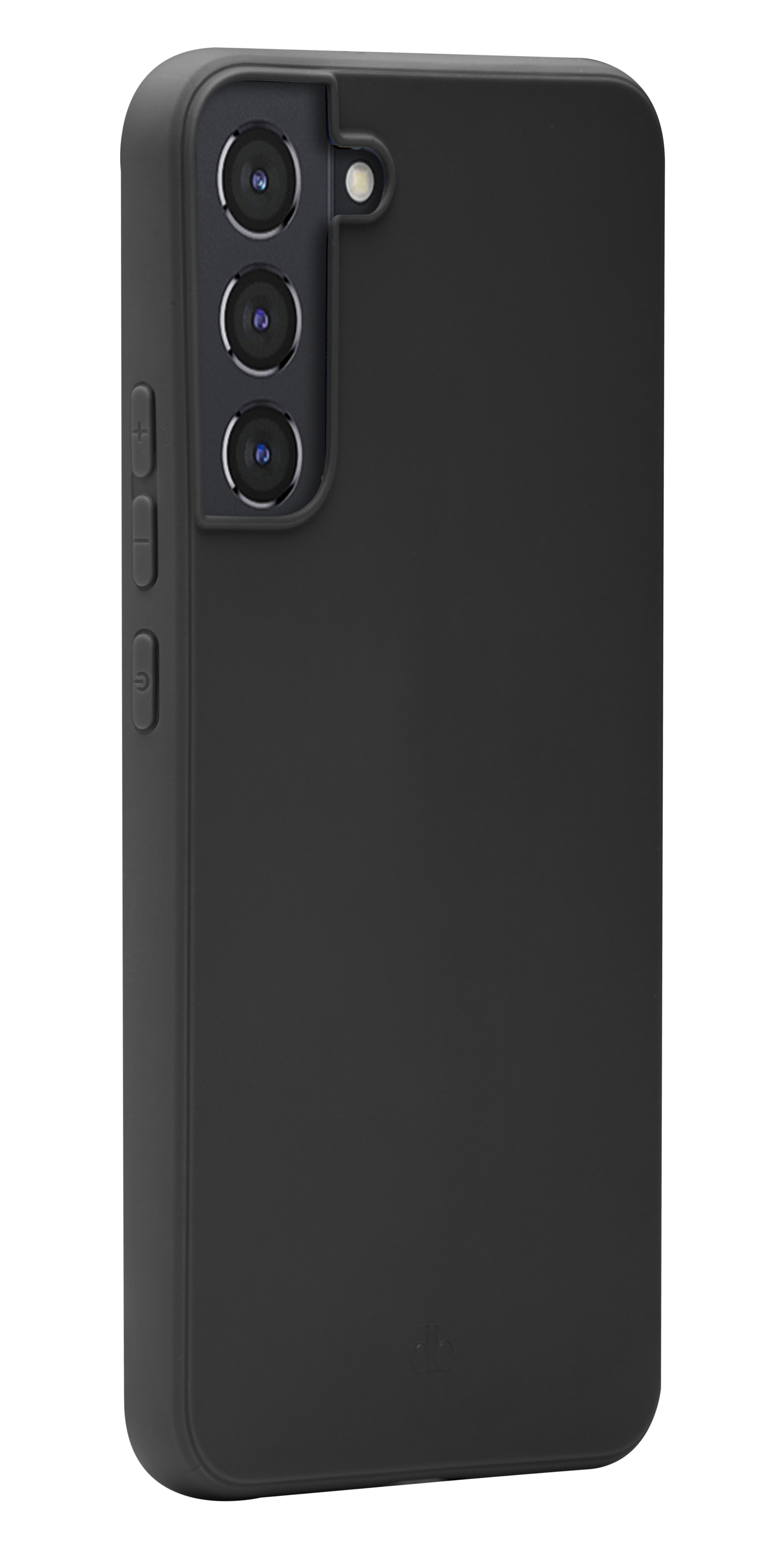 Una cover per smartphone nera opaca con ritaglio per tripla fotocamera sul retro.