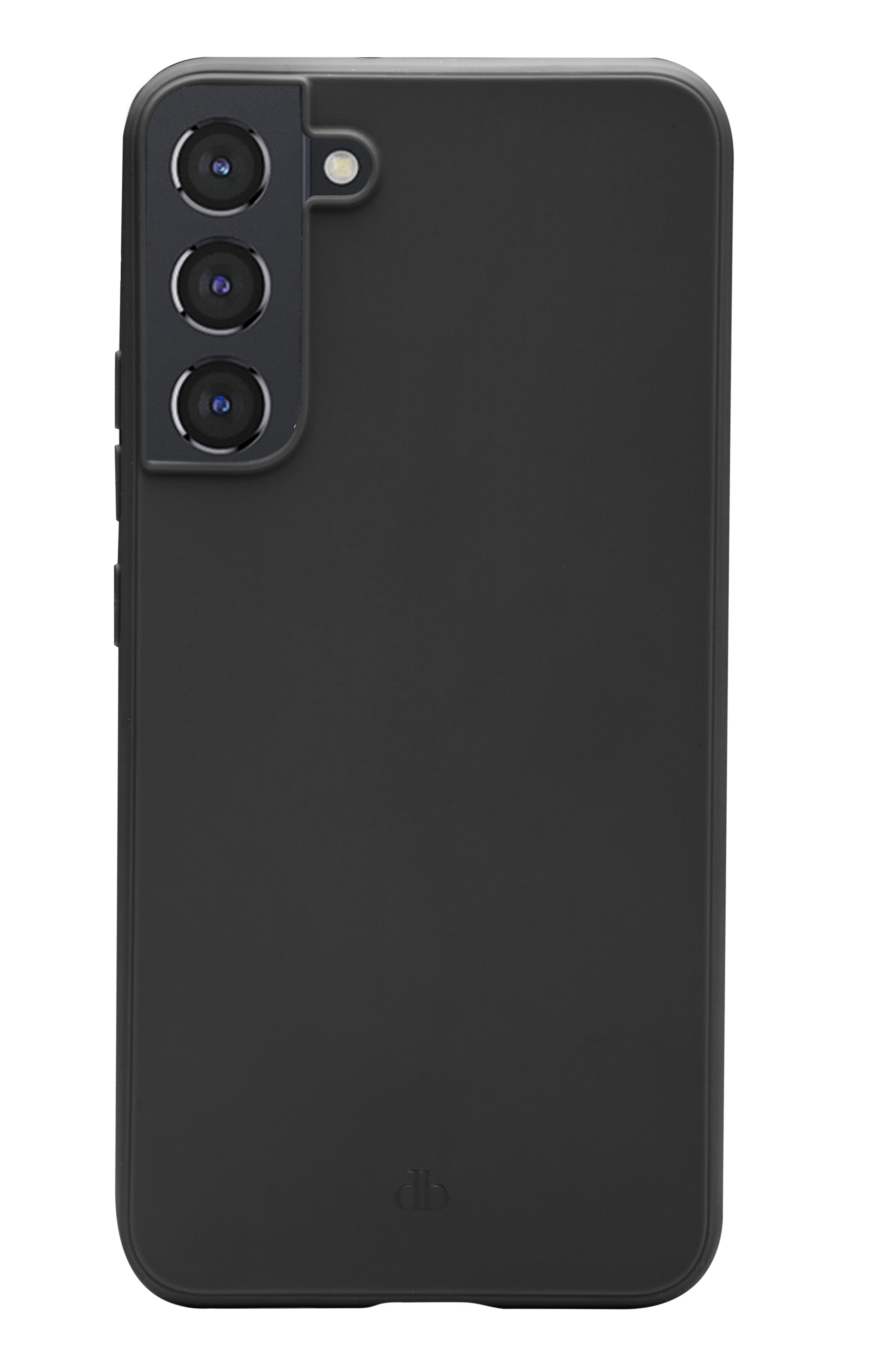 Retro di uno smartphone nero con tripla fotocamera e un logo in basso su sfondo bianco.