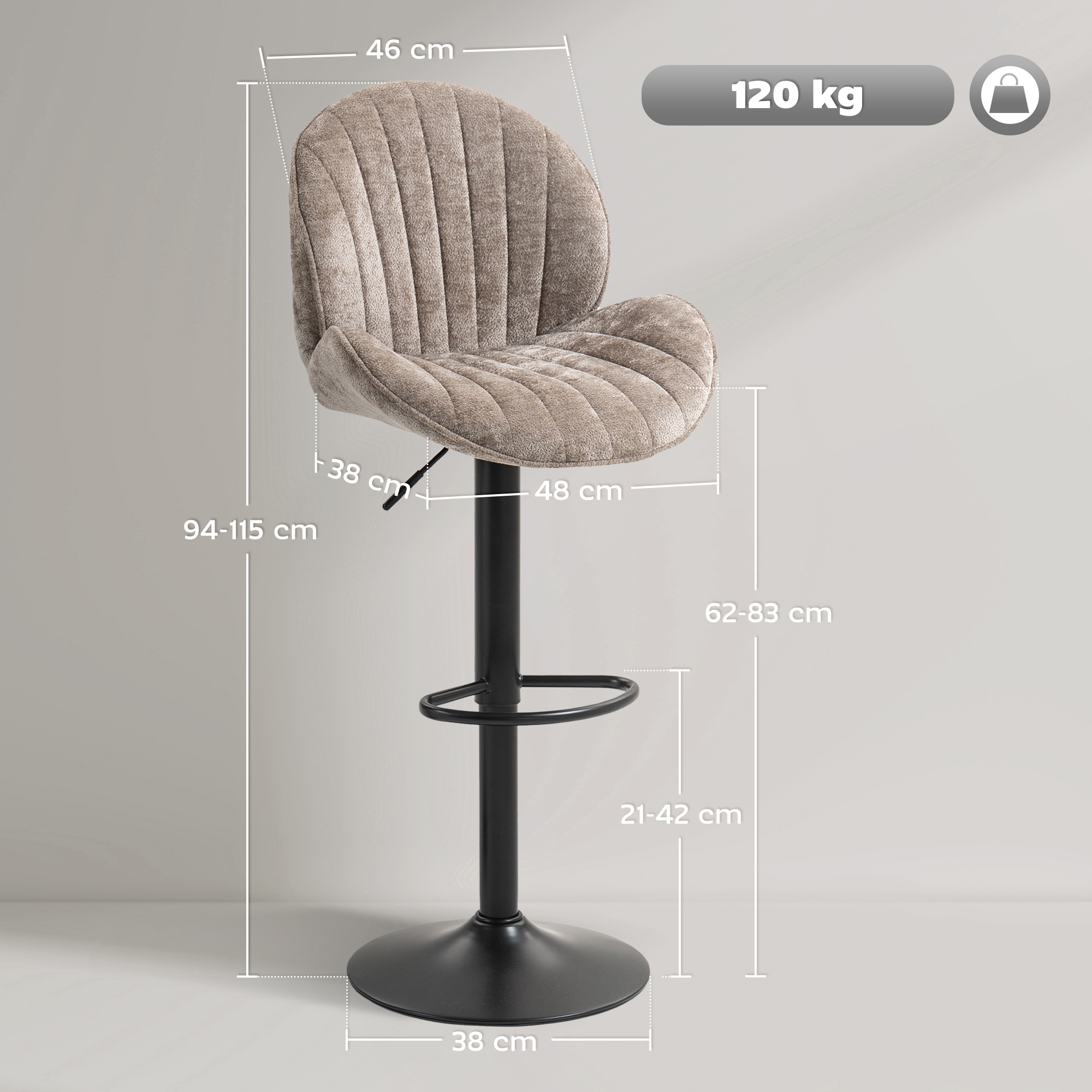 Taburete de bar beige con base de metal negro y dimensiones.