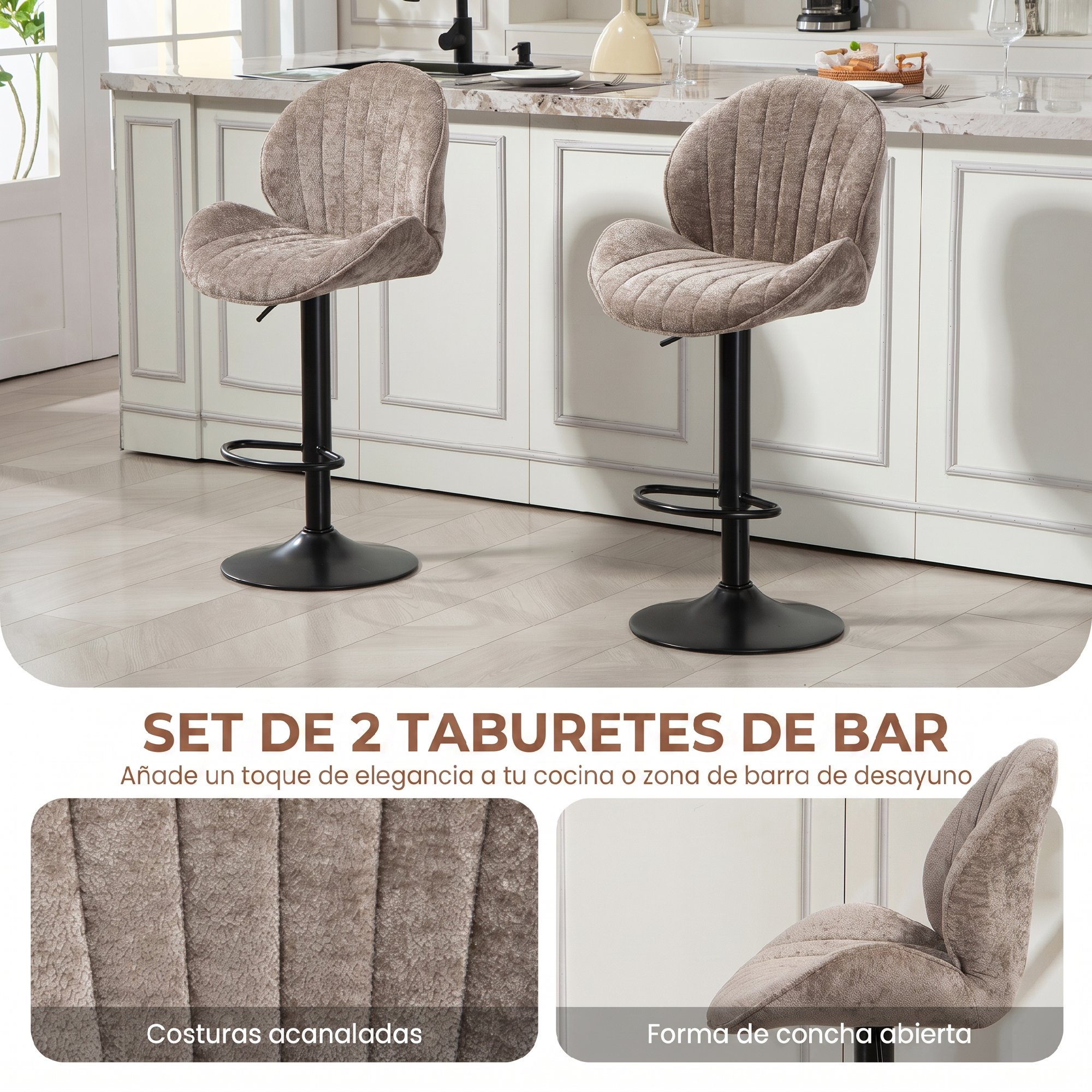 Dos taburetes de bar modernos con tela beige acanalada y base de metal negro frente a una isla de cocina.