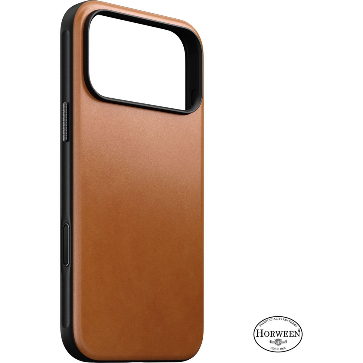 Braune Leder-Smartphonehülle mit schwarzem Rahmen und Horween-Logo.