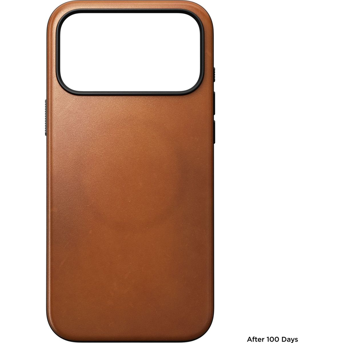 Eine braune Leder-Smartphone-Hülle mit einem großen schwarzen Kameraausschnitt oben vor weißem Hintergrund.