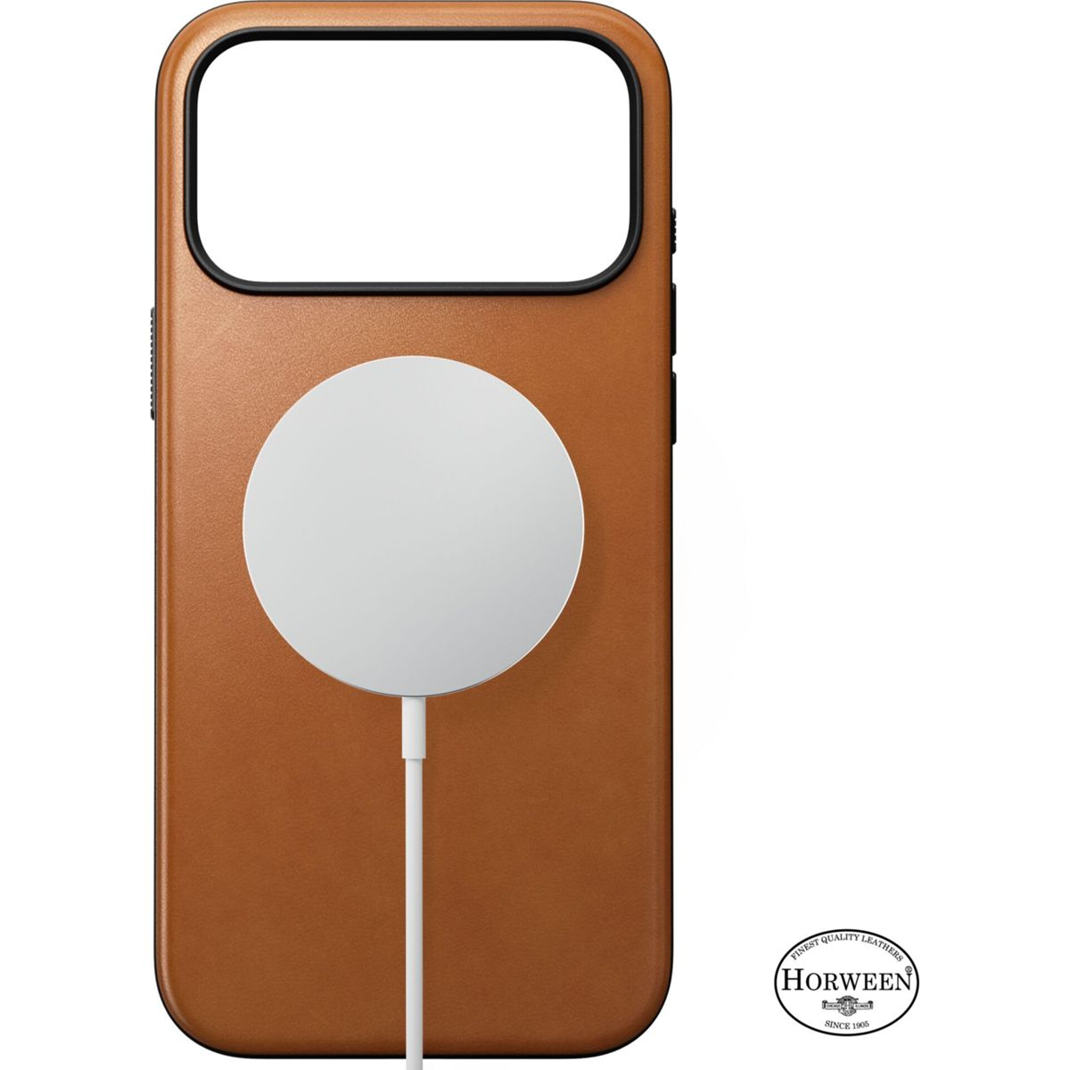 Braune Leder-Handyhülle mit weißem MagSafe-Ladegerät auf der Rückseite und Horween-Logo unten rechts.