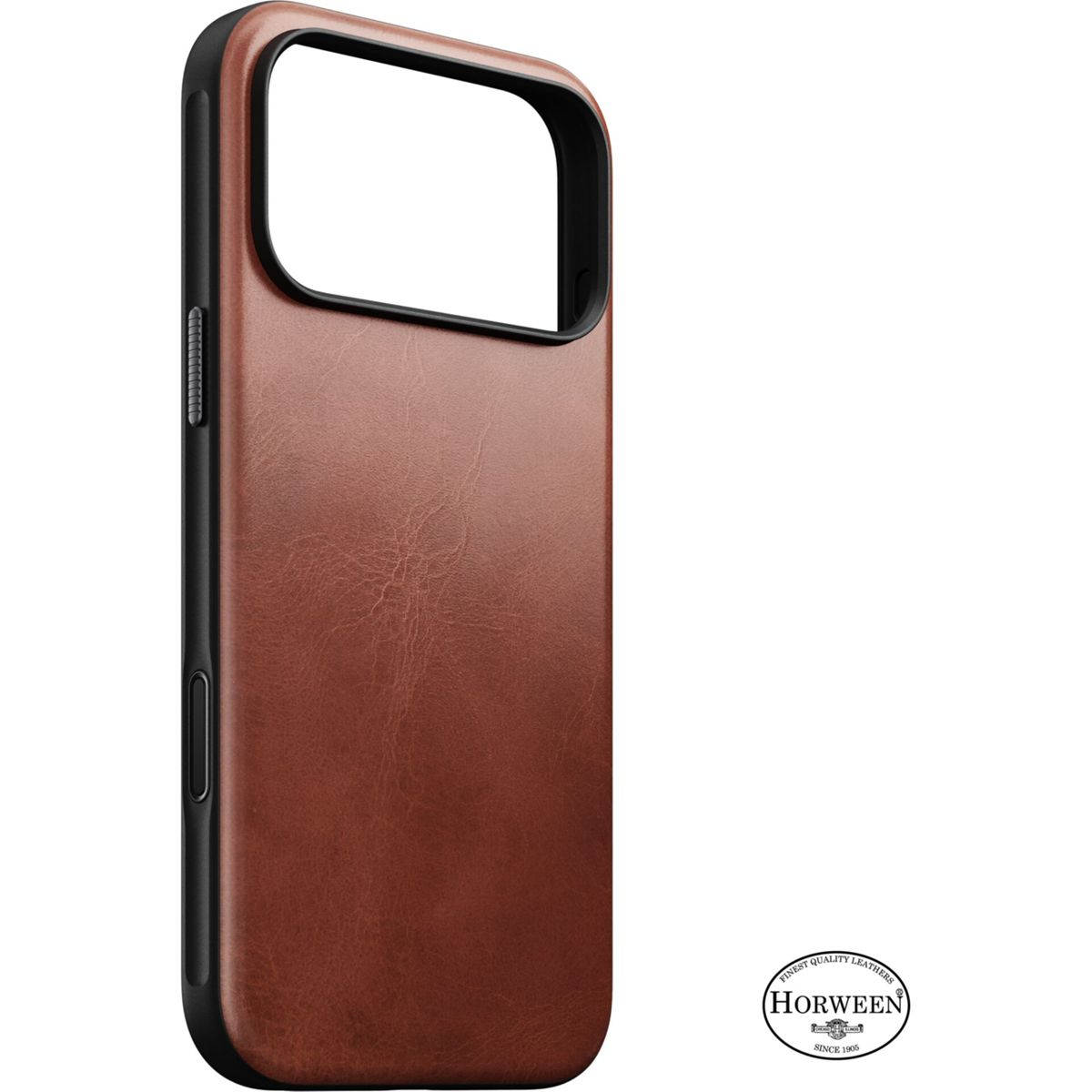 Eine braune Leder-Smartphone-Hülle mit schwarzem Rahmen und Horween-Logo vor weißem Hintergrund.