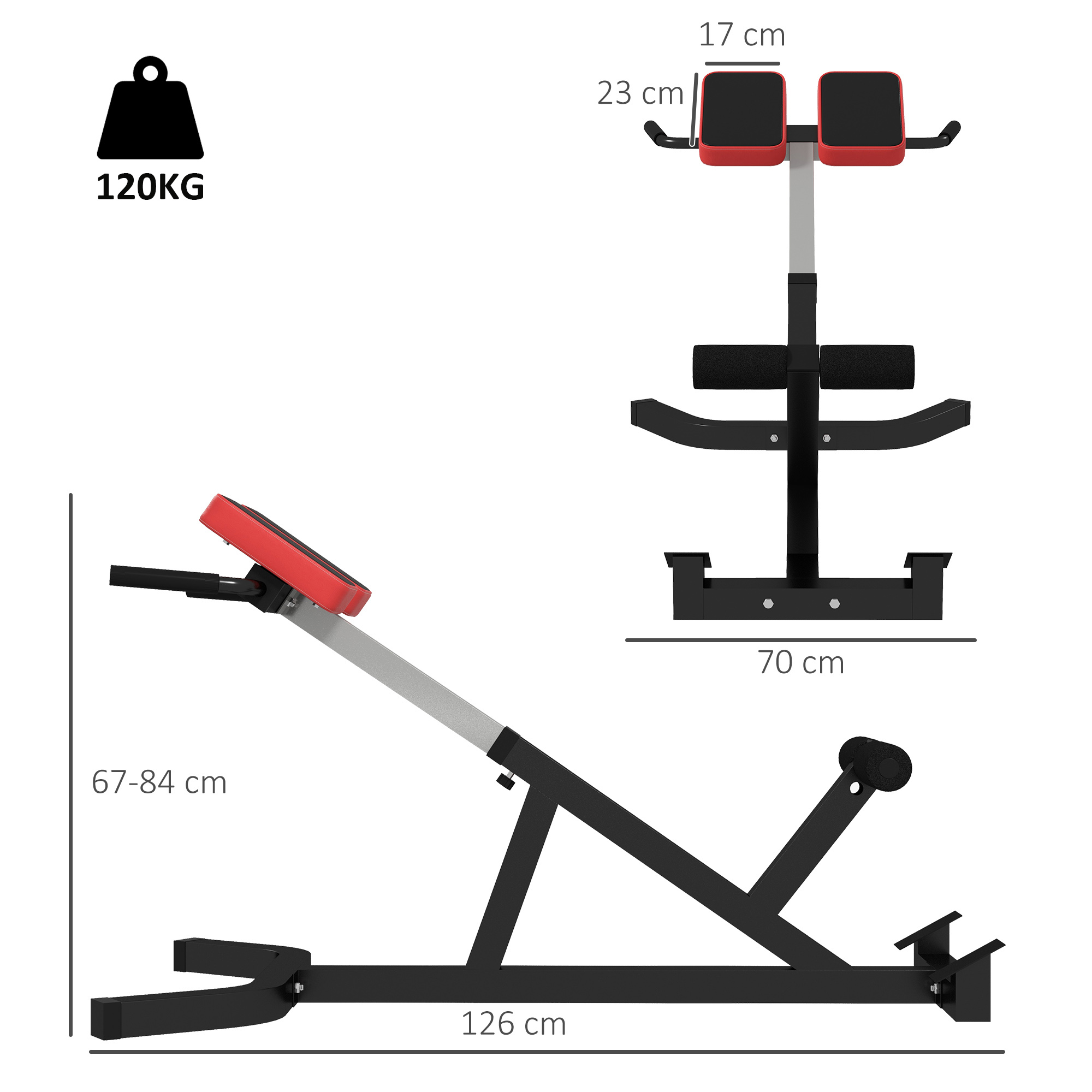 Dibujo t écnico de un banco de fitness rojo y negro con medidas dimensionales.