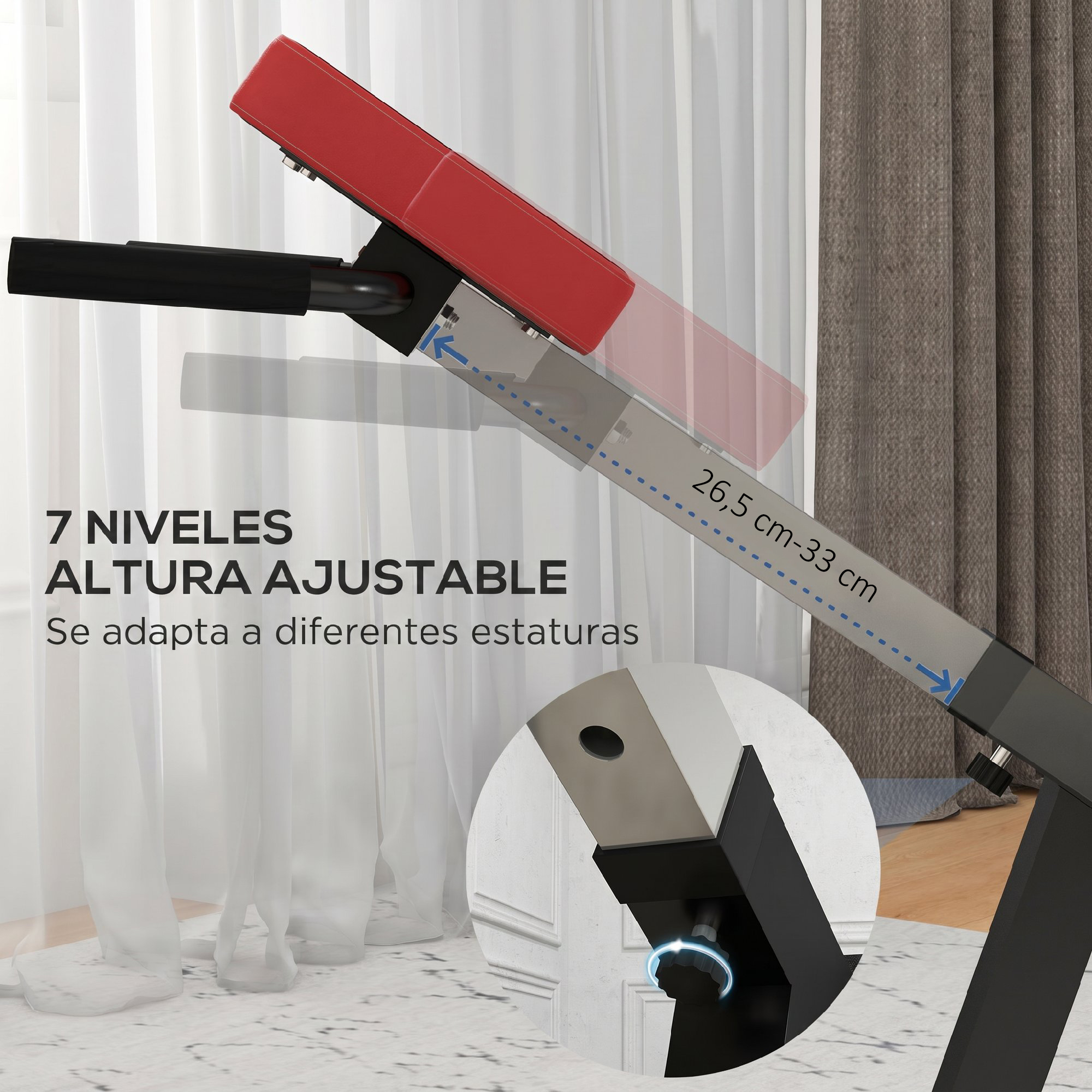 Altura ajustable con siete niveles para equipos de fitness.