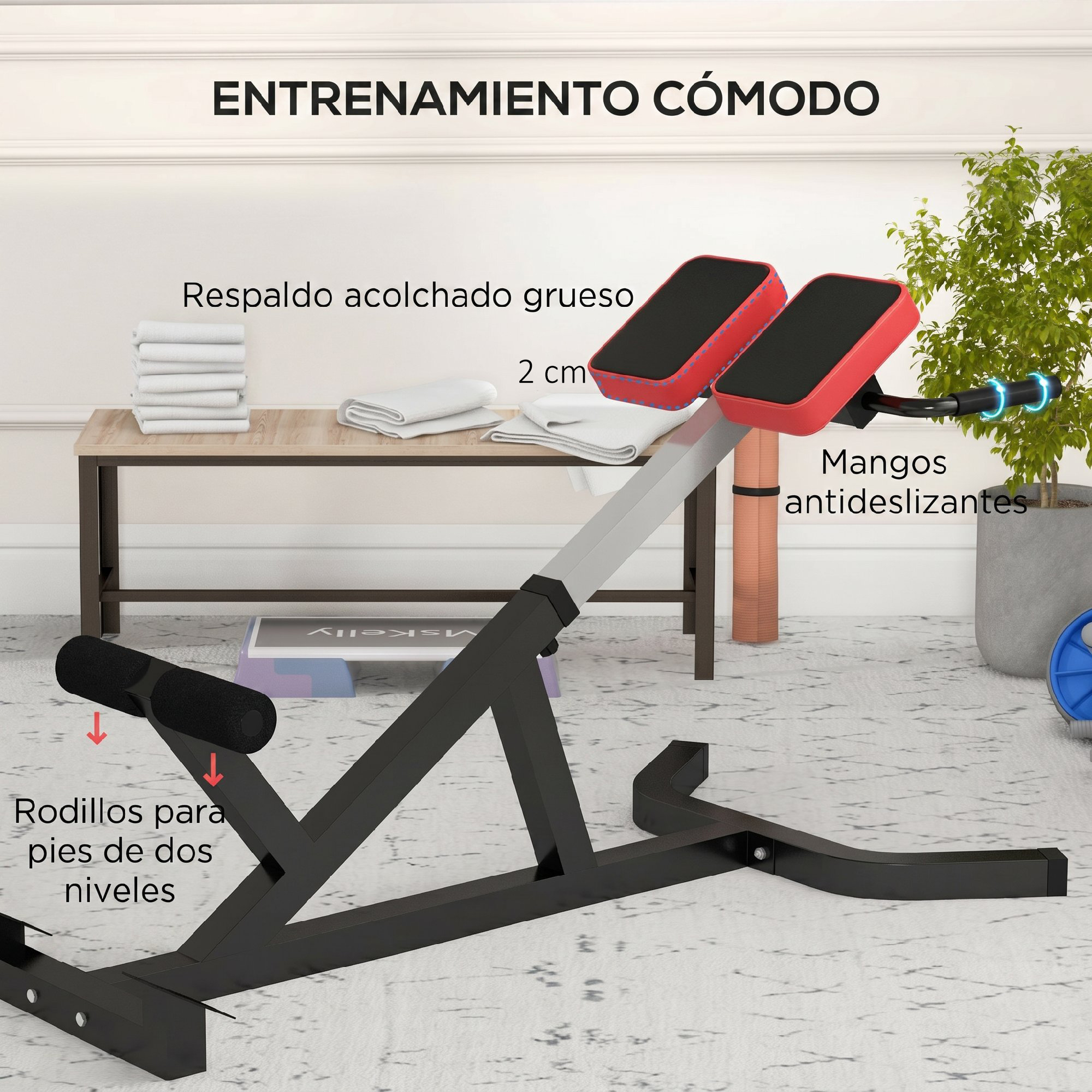 Un banco de fitness negro y gris en una habitación con planta y banco con superposiciones de texto.