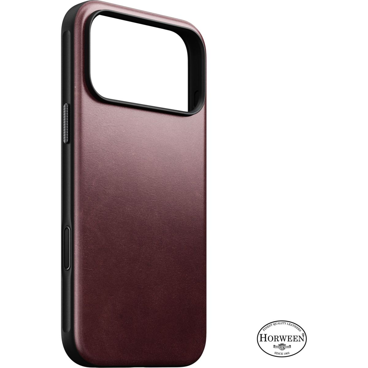 Eine bordeauxrote Smartphone-Hülle aus Leder mit schwarzem Rahmen und Horween-Logo.