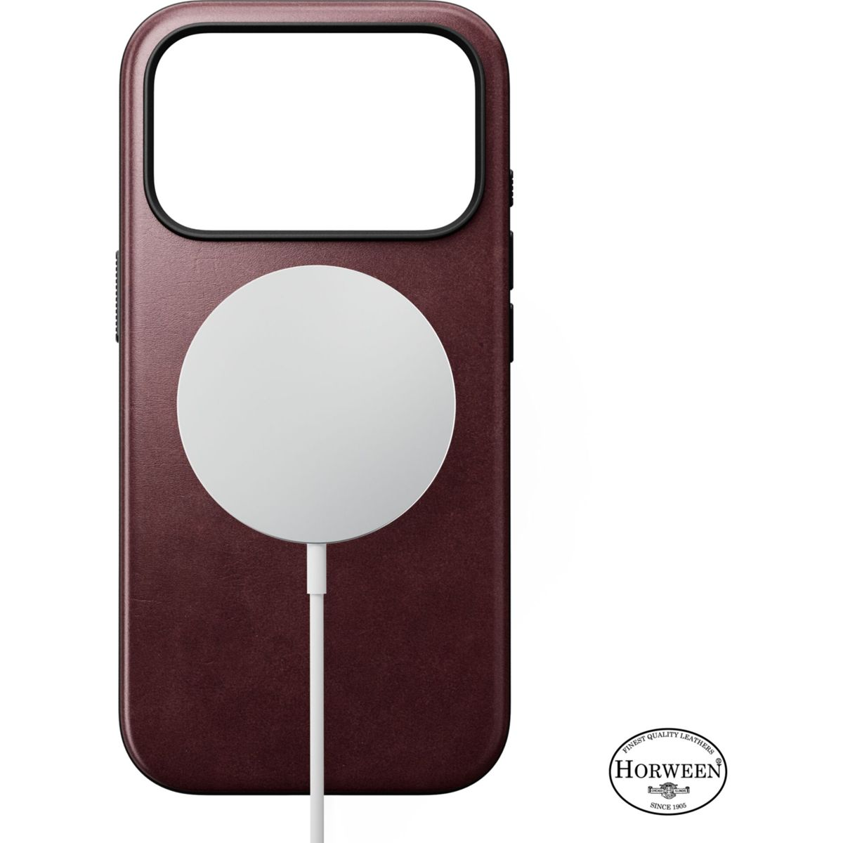 Dunkelrote Handyhülle mit kabellosem MagSafe-Ladegerät und Horween-Logo unten rechts.