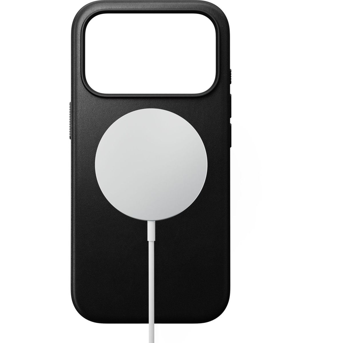 Una custodia per smartphone nera su sfondo bianco con un caricabatterie magnetico rotondo.
