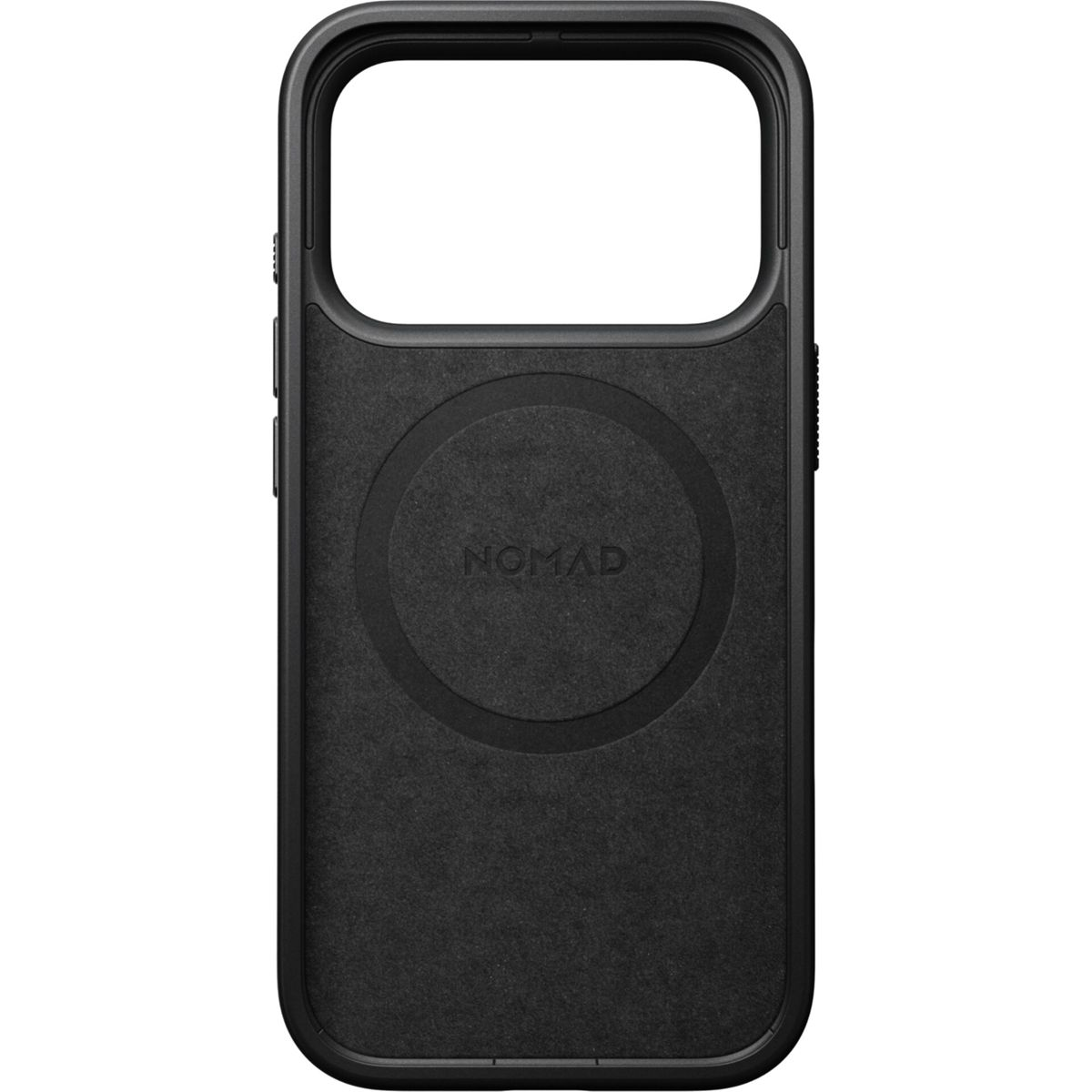 Custodia per telefono Nomad nera con anello MagSafe integrato e scritta del marchio sul retro.