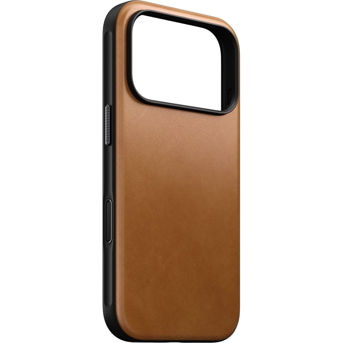 Una custodia per cellulare in pelle marrone con bordo nero e aperture.