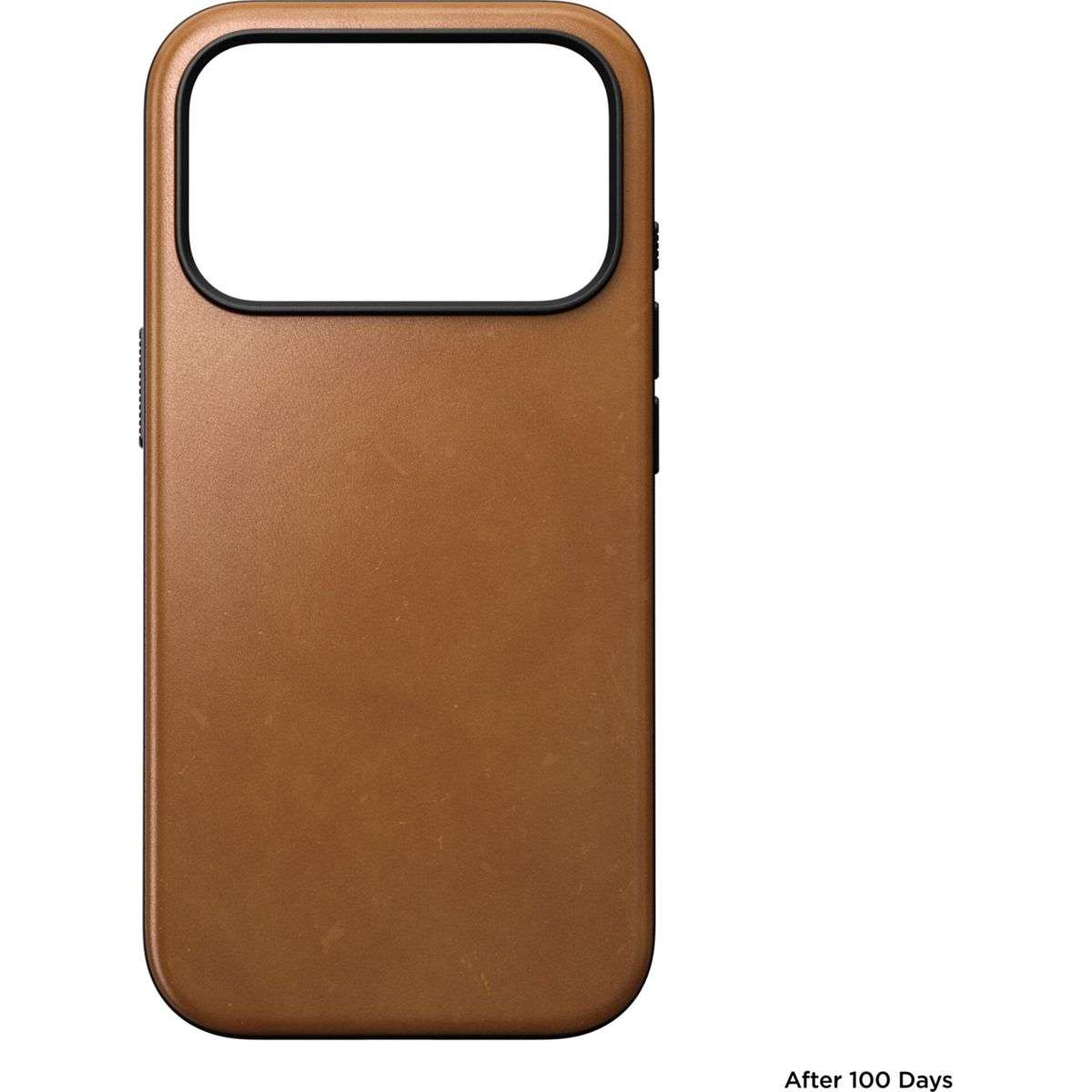 Una custodia per smartphone in pelle marrone con un'ampia apertura orizzontale per la fotocamera su sfondo bianco.