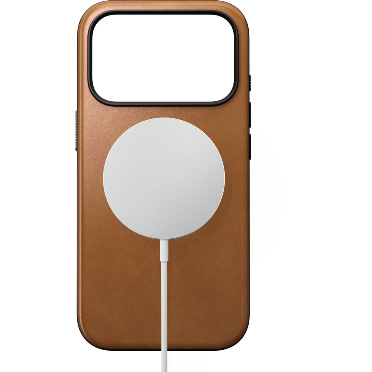 Custodia per telefono in pelle marrone con caricabatterie MagSafe rotondo bianco e cavo.