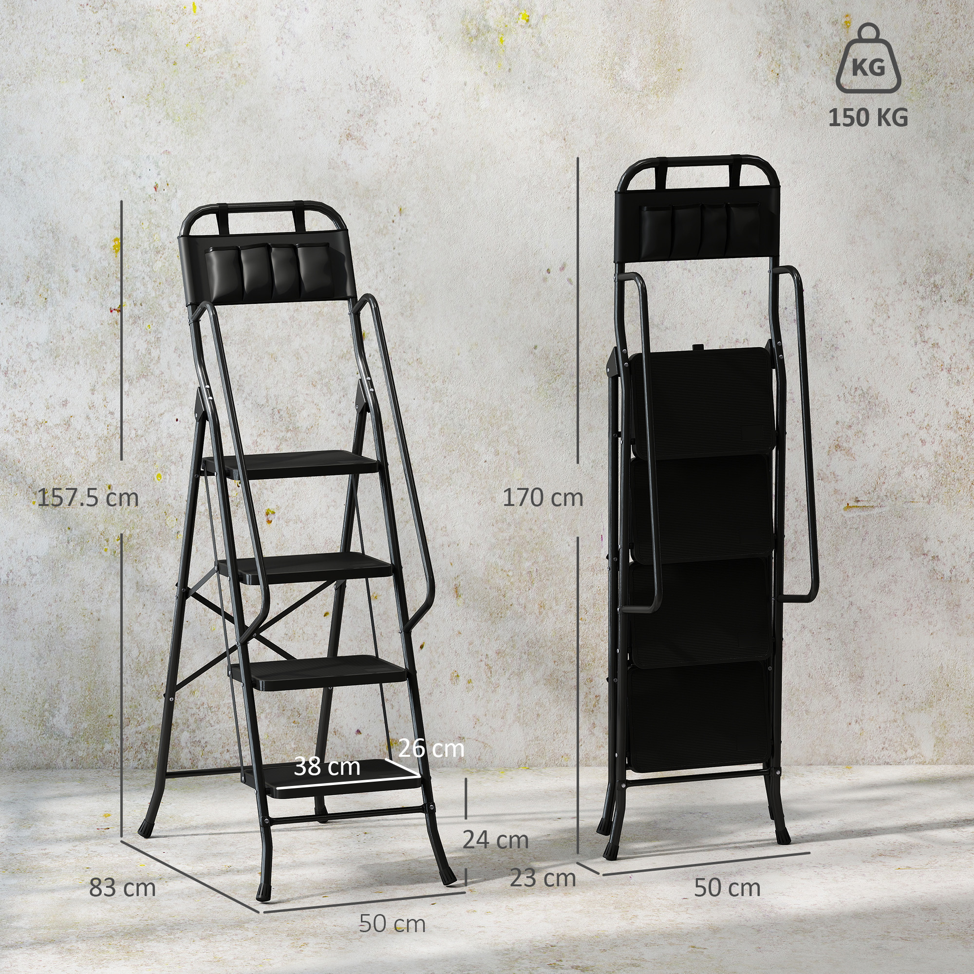 Dos escaleras de tijera negras con dimensiones y etiqueta de capacidad de 150 kg.