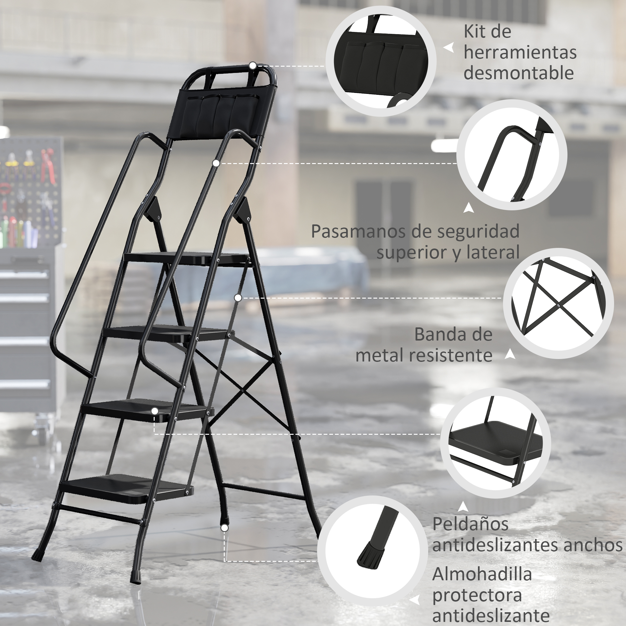 Escalera de tijera negra de cuatro peldaños con pasamanos y bolsa de herramientas en un almacén.