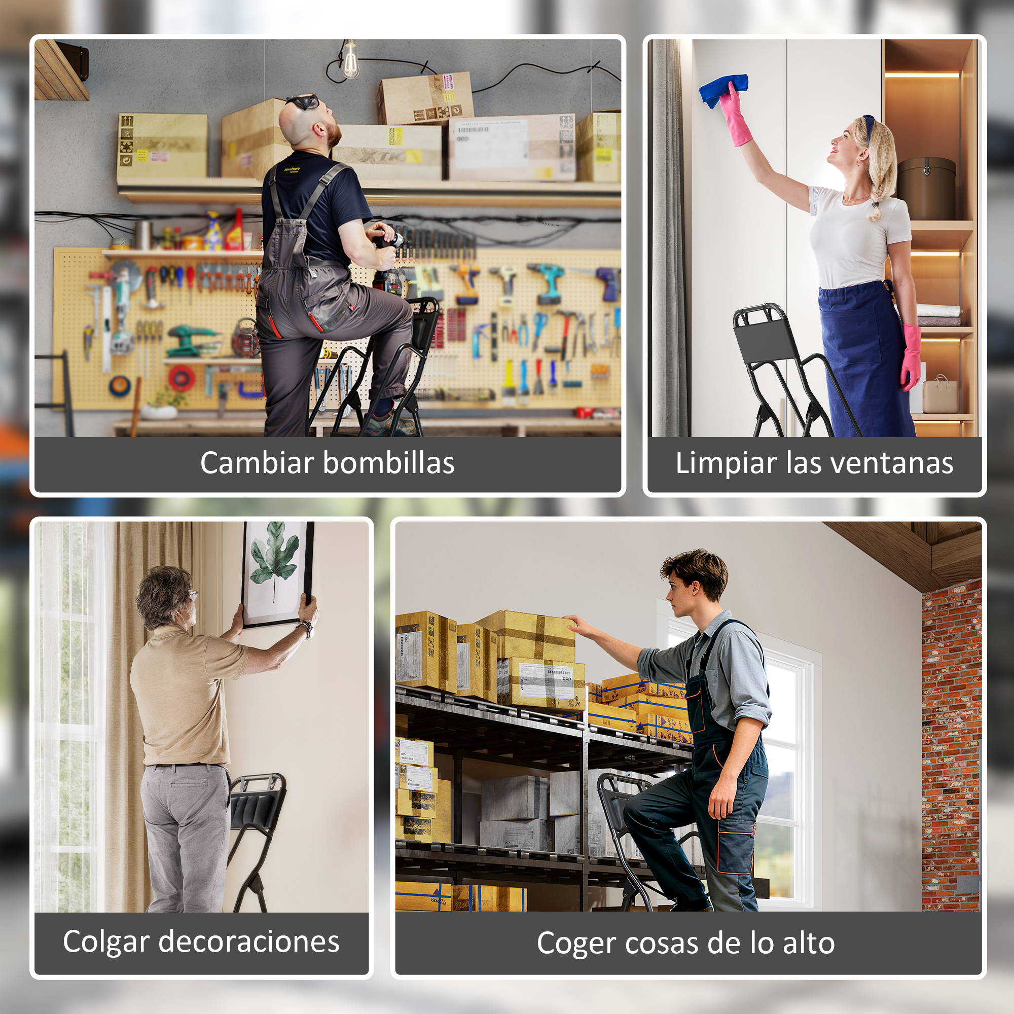 Cuatro paneles muestran a personas usando una escalera para cambiar bombillas, limpiar, colgar decoraciones y alcanzar.