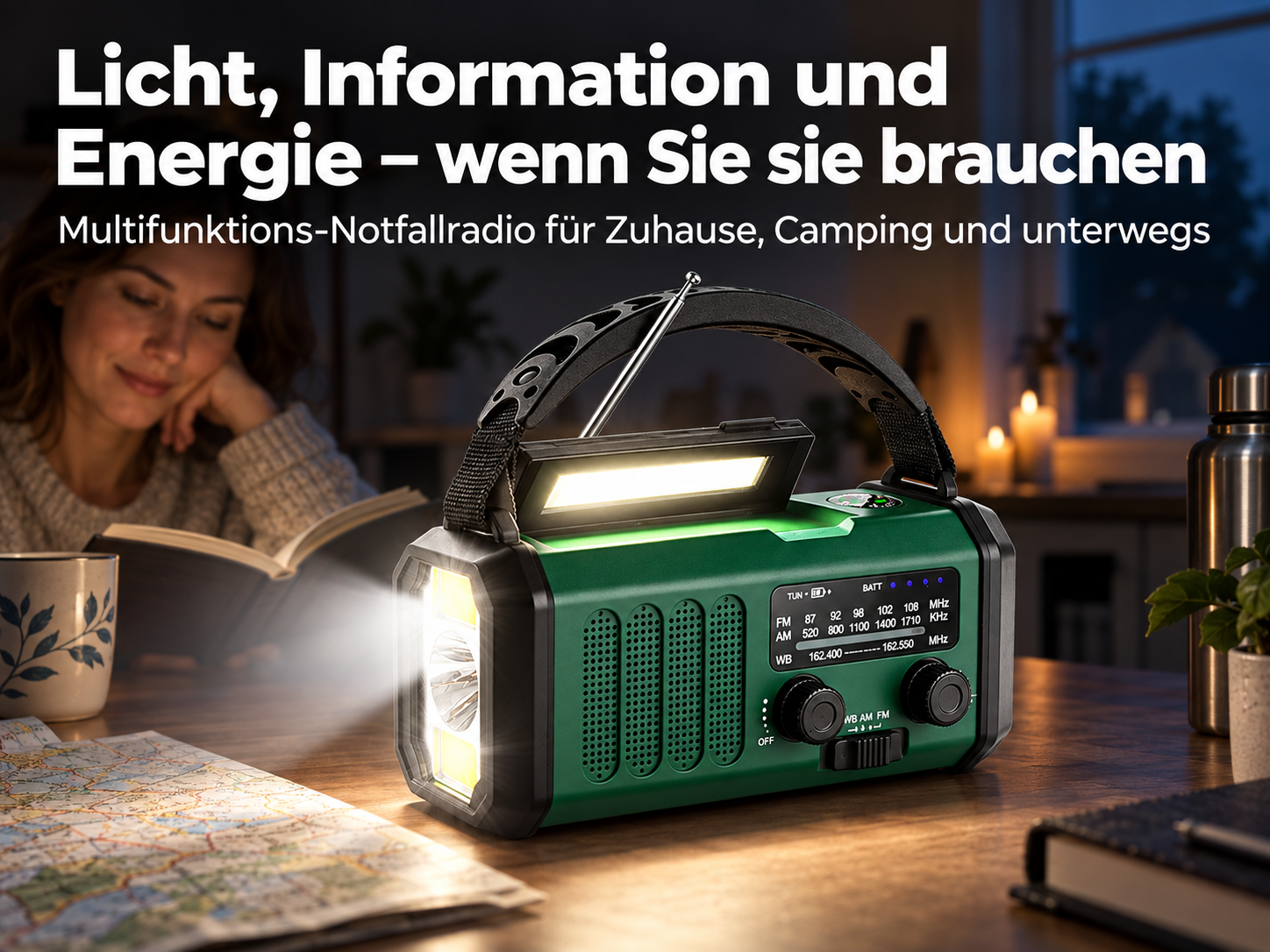 Grünes Multifunktions-Notfallradio mit eingeschalteter LED-Lampe und Leselicht auf einem Holztisch.