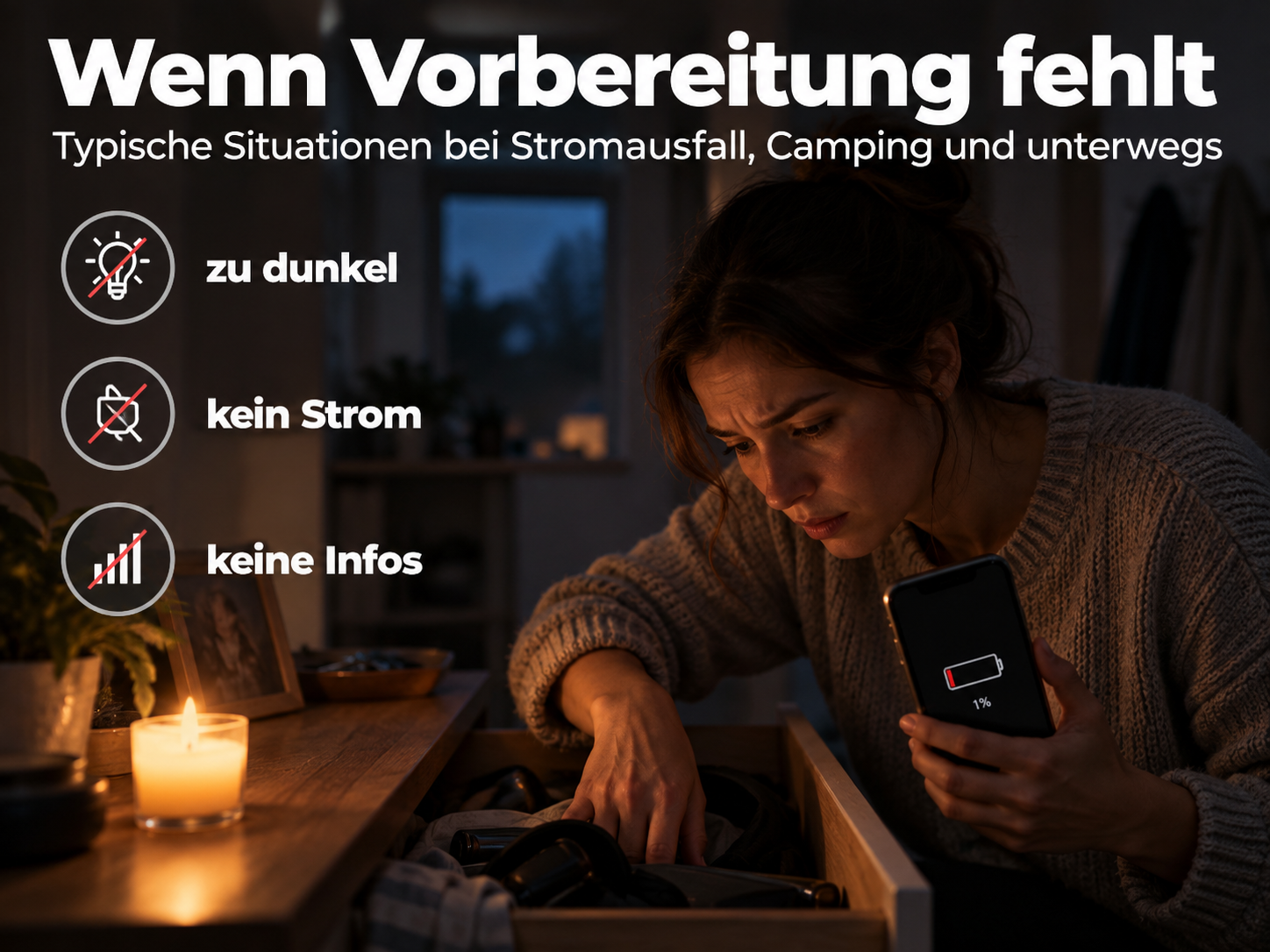 Eine Frau sucht im Dunkeln in einer Schublade, hält ein Handy mit leerem Akku und schaut besorgt bei Kerzenschein.