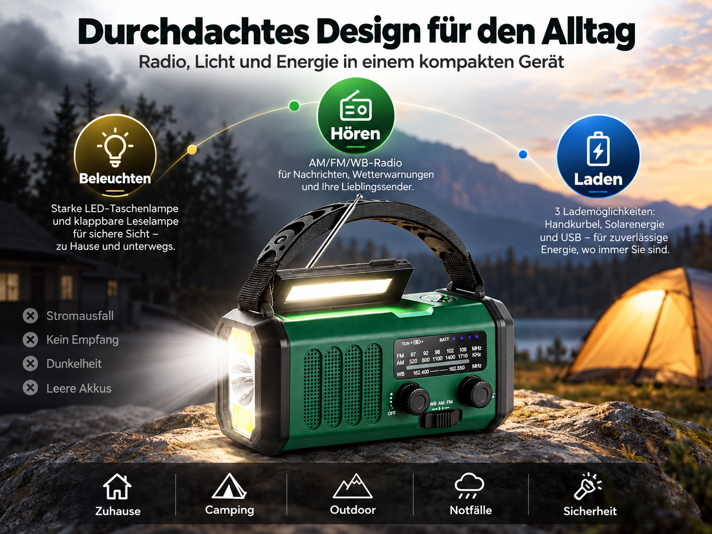 Grünes Multifunktionsradio mit Lampe und Solarpanel auf Felsen vor Bergkulisse.