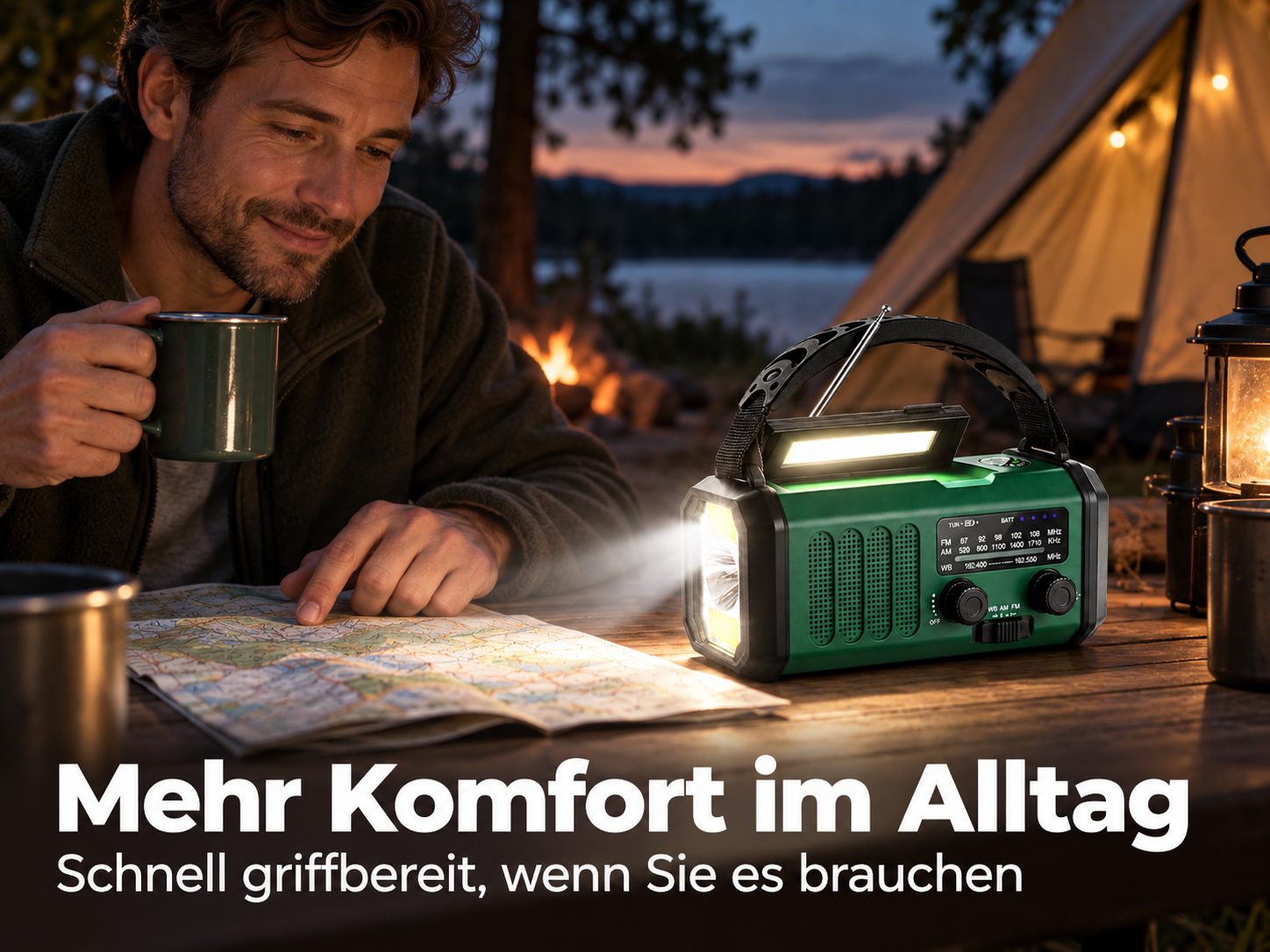 Ein Mann sitzt an einem Holztisch beim Camping und liest bei Taschenlampenlicht eine Karte.
