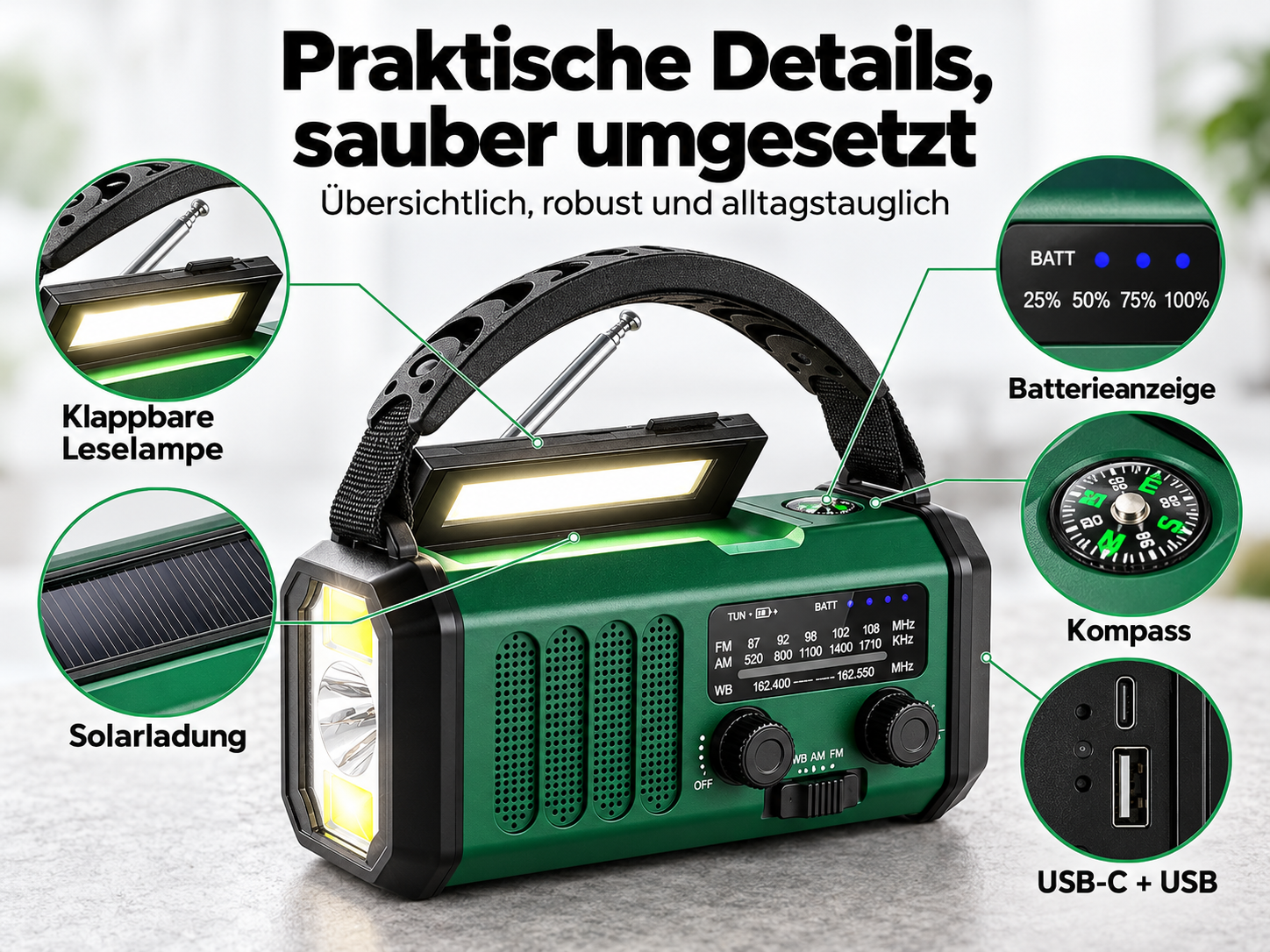 Grünes Mehrzweck-Notradio mit LED-Lampe, Solarpanel, Kompass und USB-Anschlüssen.